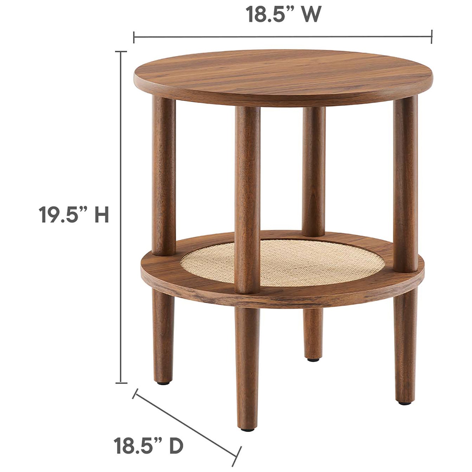 Size guide showing Torus round side table dimensions with 18.5 inch top and 19.5 inch height in walnut finish || EEI-6527-WAL || dimension_studio
