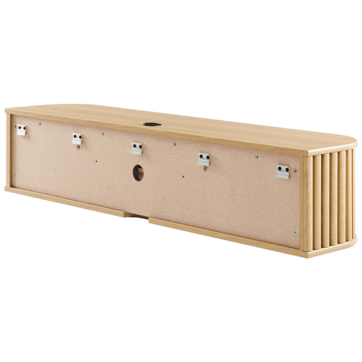 Rear of oak wall mounted TV stand showing mounting brackets and central cable management openings || EEI-6528-OAK || back_angle_studio