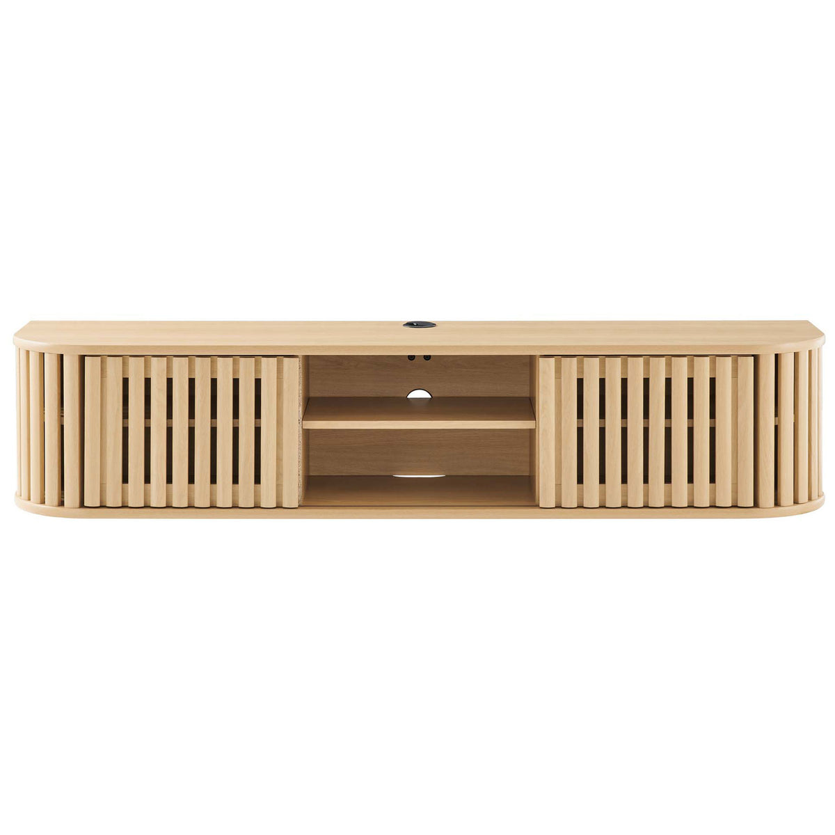 Oak wall mounted TV stand with open center shelves framed by slatted doors and discreet cable grommet || EEI-6528-OAK || front_studio