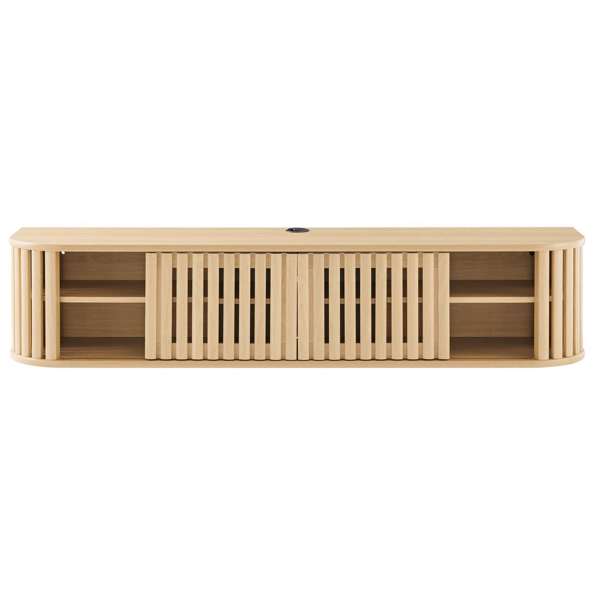 Oak wall mounted TV stand with slatted doors closed across the center for concealed media storage || EEI-6528-OAK || front_studio