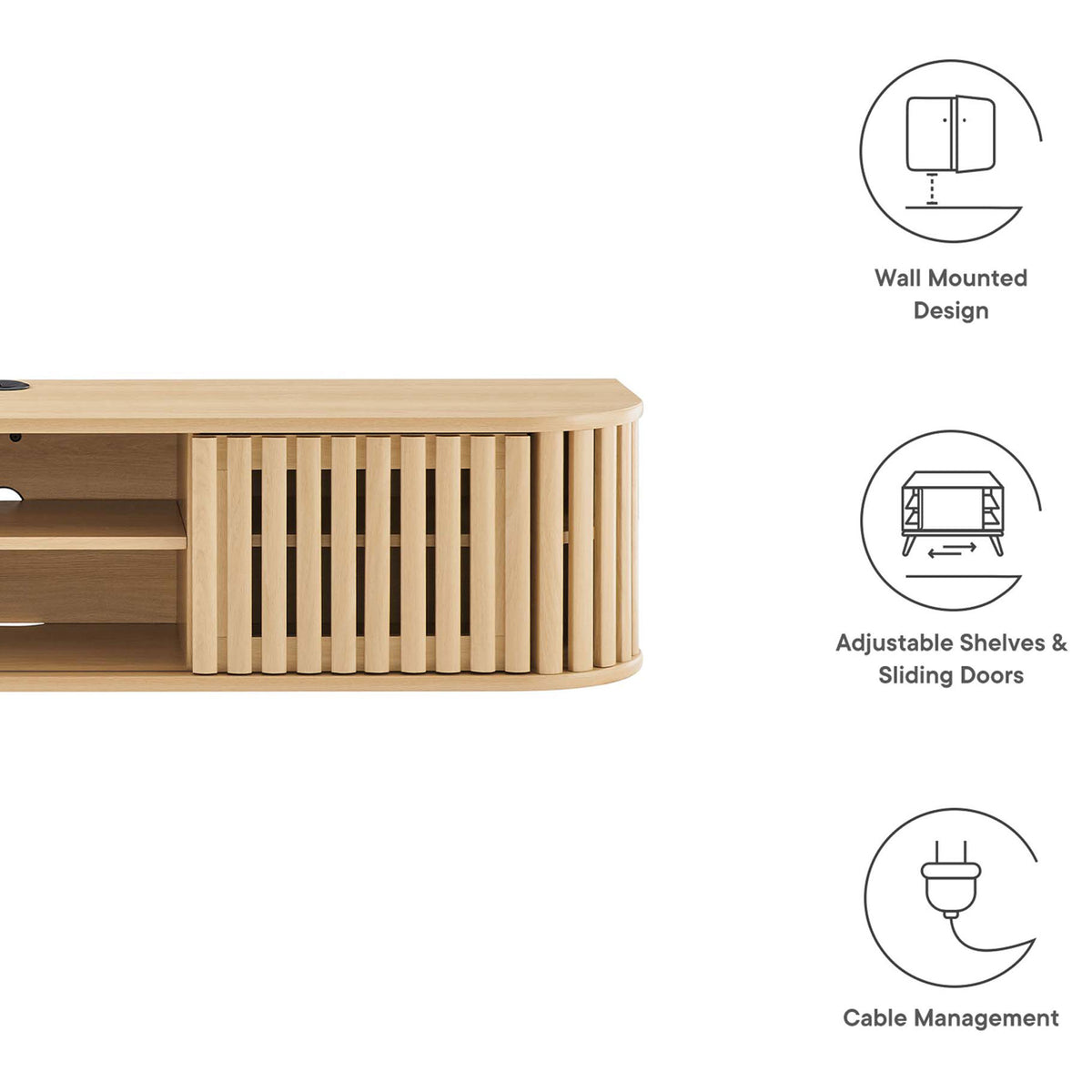 Fortitude wall mounted TV stand highlighting sliding doors, adjustable shelves, and integrated cable management || EEI-6528-OAK || callout_studio