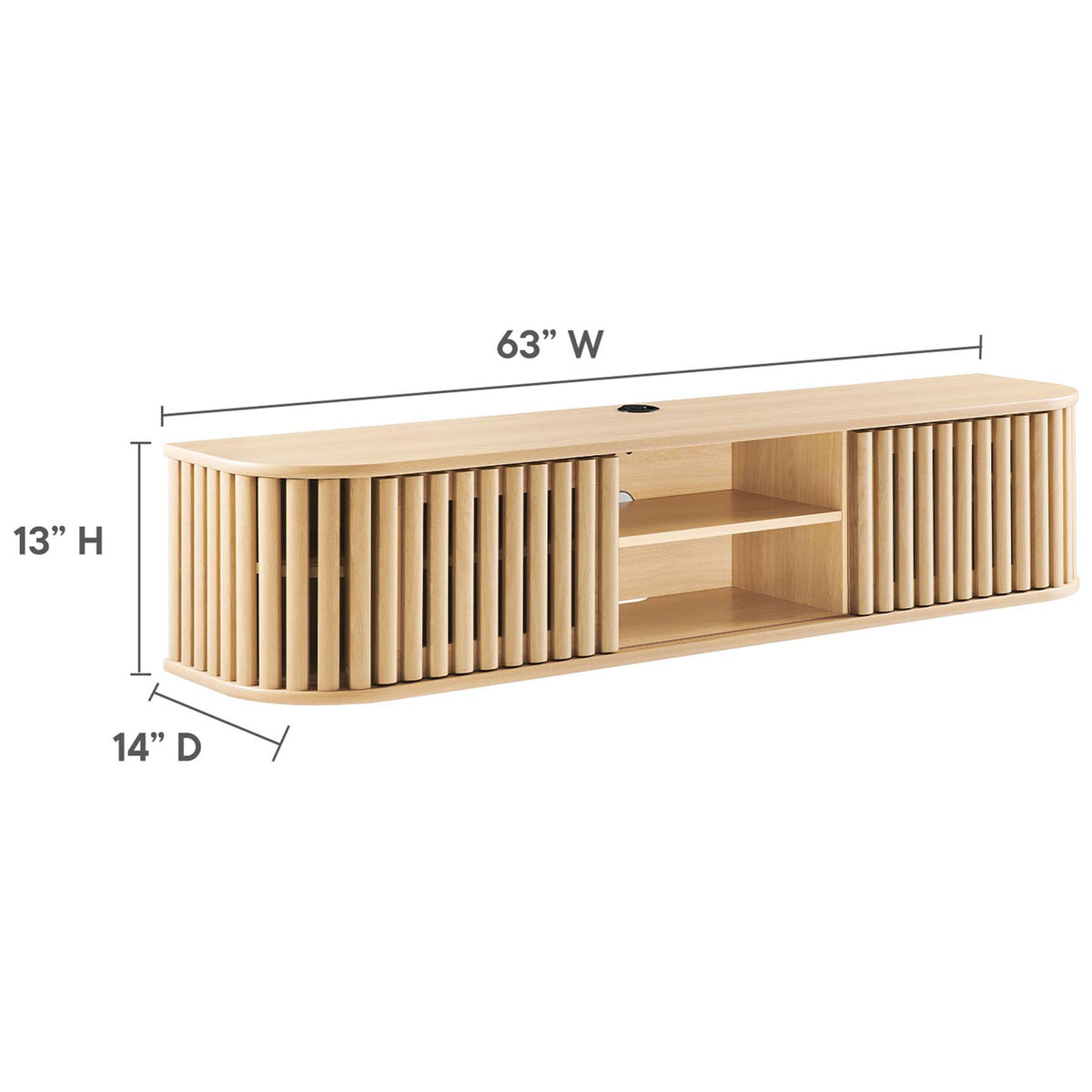 Compact 63 inch oak wall mounted TV stand offering generous surface and shelf space for media components || EEI-6528-OAK || dimension_studio