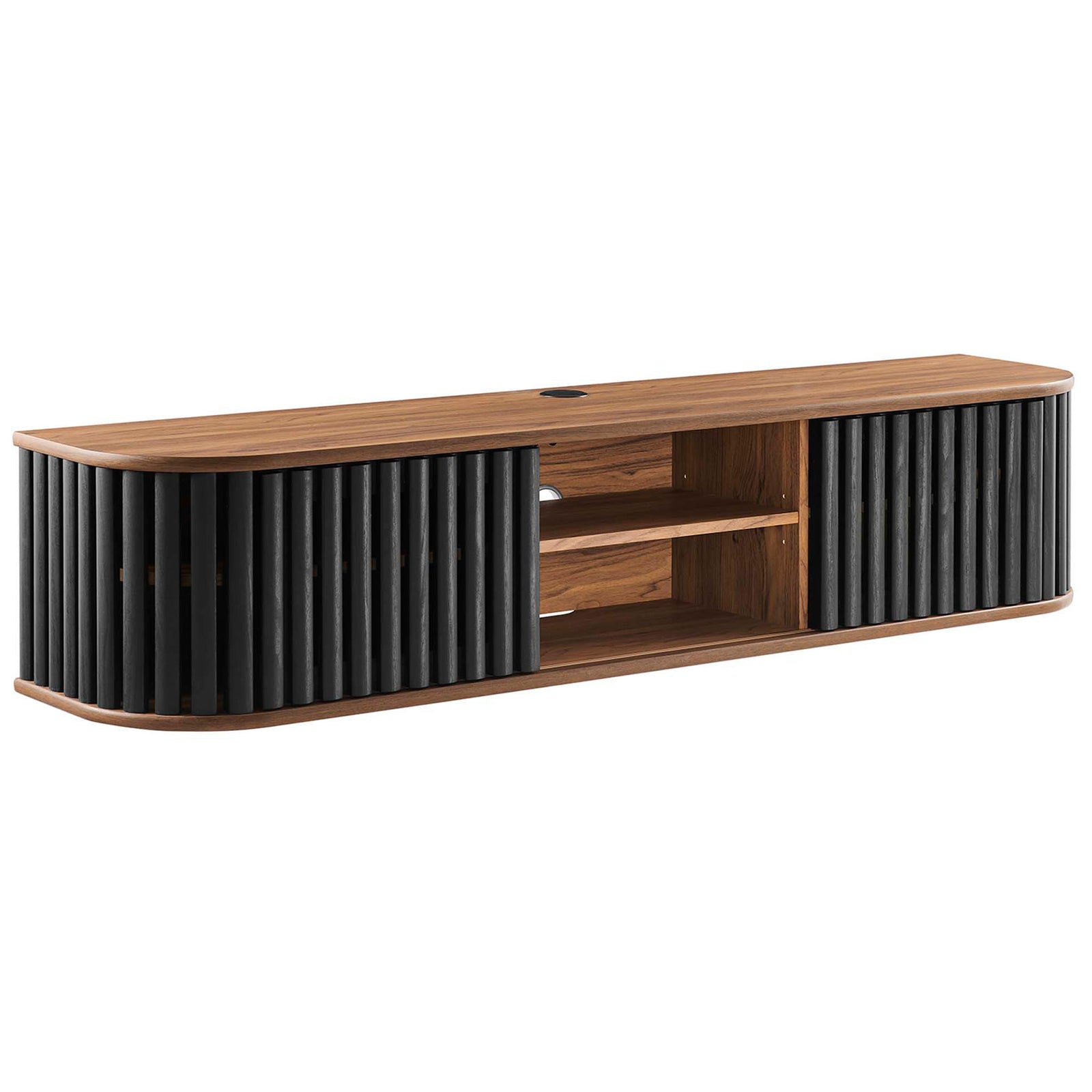Walnut and black wall mounted TV stand with slatted doors, open center shelves, and a top cable grommet || EEI-6528-WAL-BLK || front_angle_studio