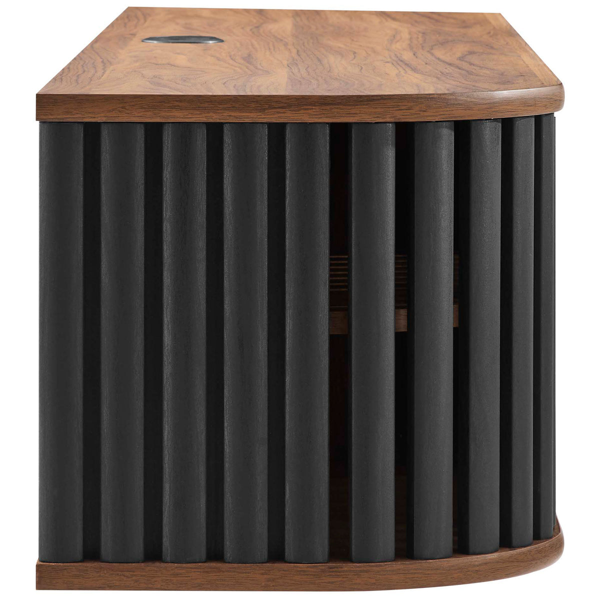 Rounded walnut cabinet end with bold black slats and recessed shelving for a floating media console || EEI-6528-WAL-BLK || side_studio