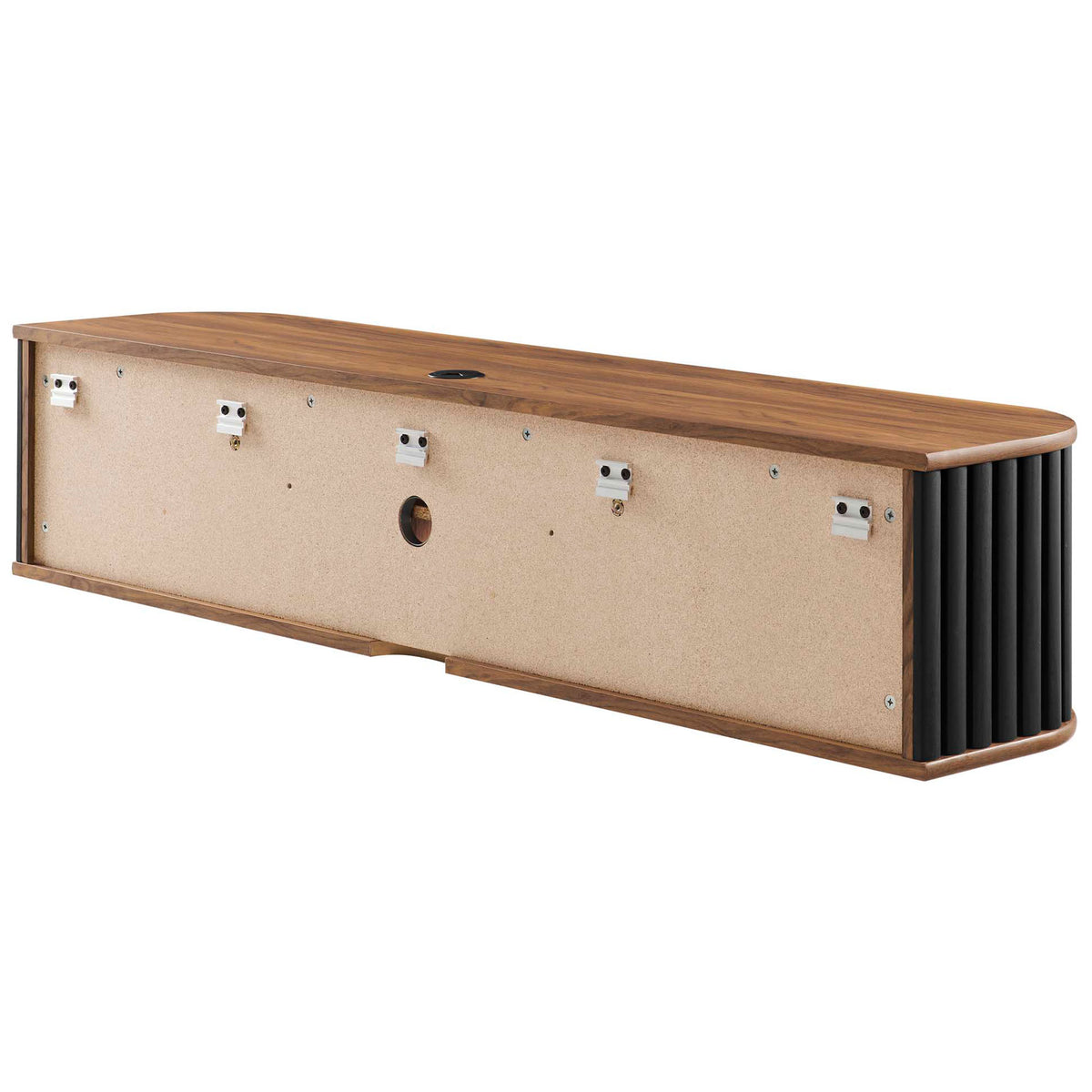 Rear of walnut wall mounted TV stand showing mounting hardware and cable management openings || EEI-6528-WAL-BLK || back_angle_studio