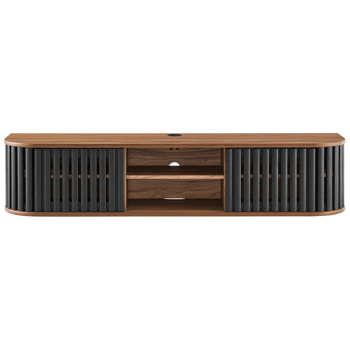Walnut and black wall mounted TV stand with open center shelves framed by slatted sliding doors || EEI-6528-WAL-BLK || front_studio
