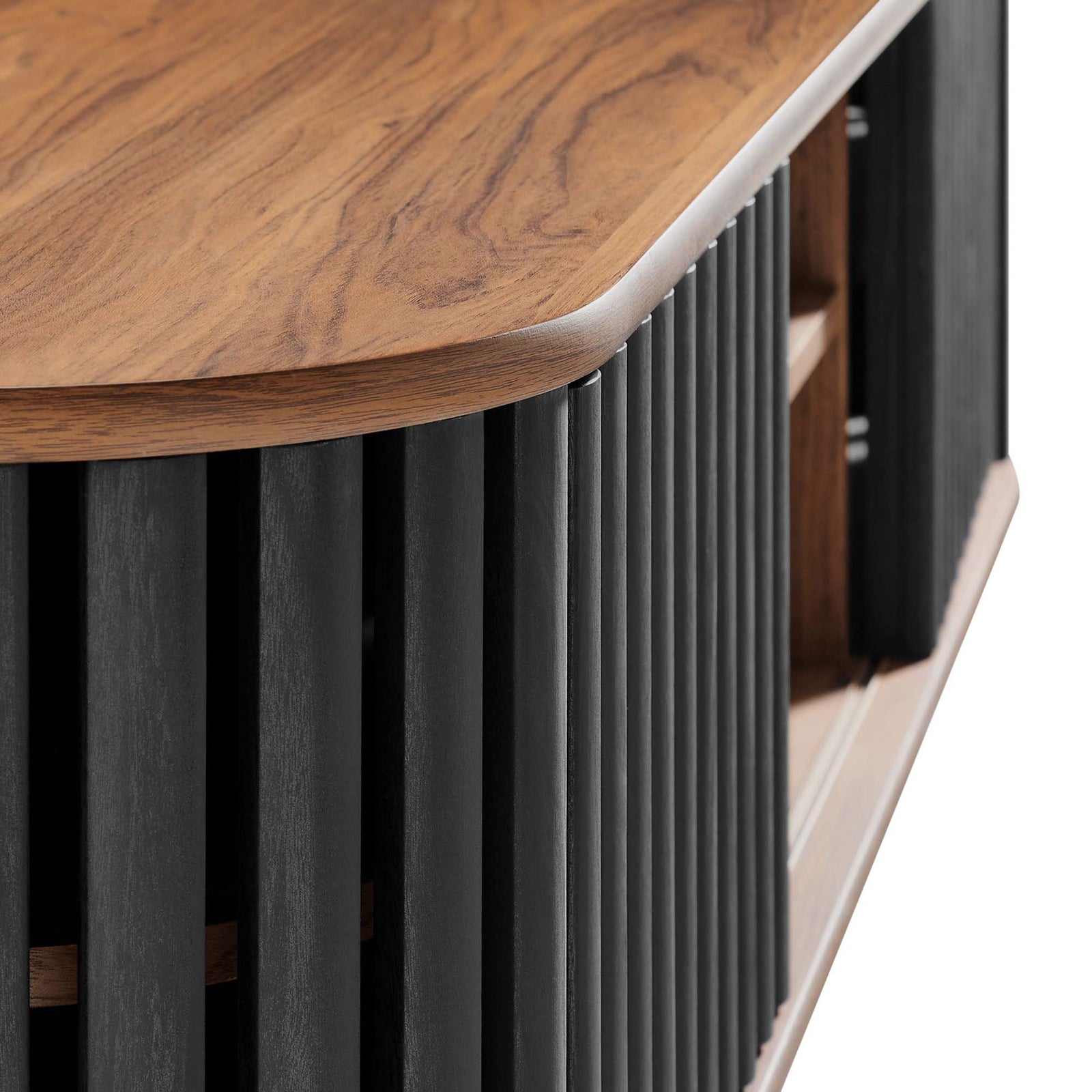 Detail of walnut wall mounted console with smooth top edge and vertical black slatted door design || EEI-6528-WAL-BLK || detail_studio
