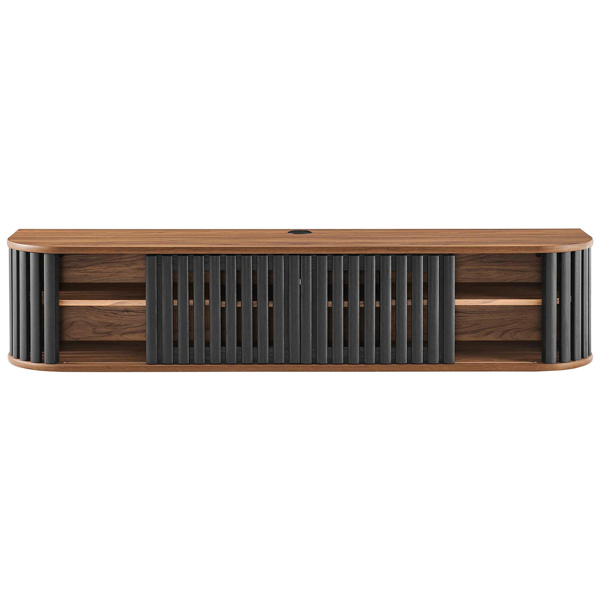 Walnut and black wall mounted TV stand with slatted doors closed across the center for hidden storage || EEI-6528-WAL-BLK || front_studio