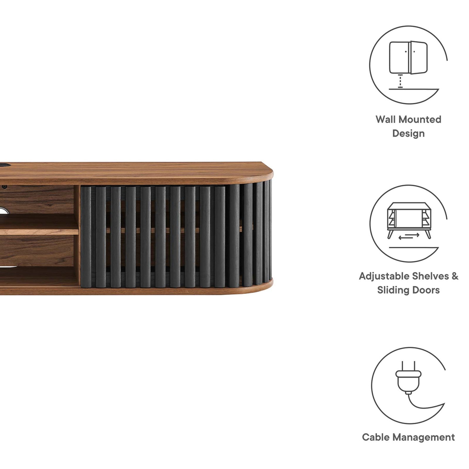Fortitude wall mounted TV stand features include sliding doors, adjustable shelving, and cable management || EEI-6528-WAL-BLK || callout_studio