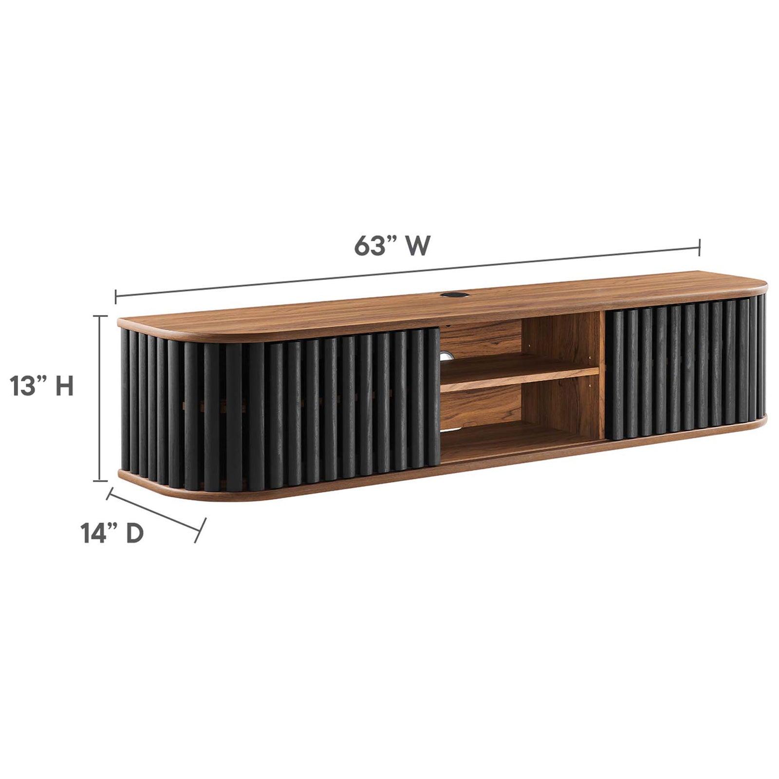 Sleek 63 inch walnut and black wall mounted TV stand sized for large televisions and media equipment || EEI-6528-WAL-BLK || dimension_studio