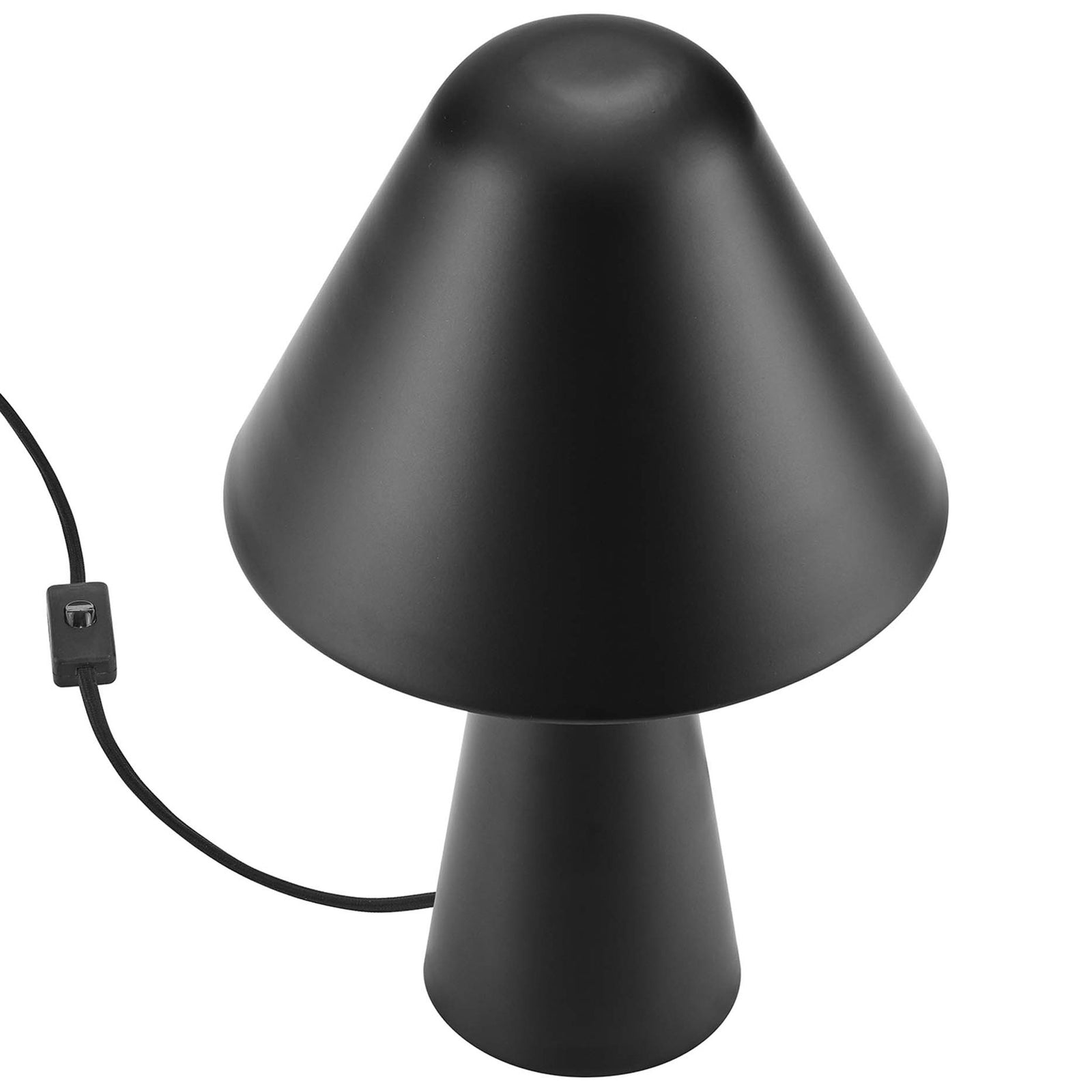 Tapered black metal base and mushroom shade create a sculptural accent table lamp. || EEI-6529-BLK || top_angle_studio