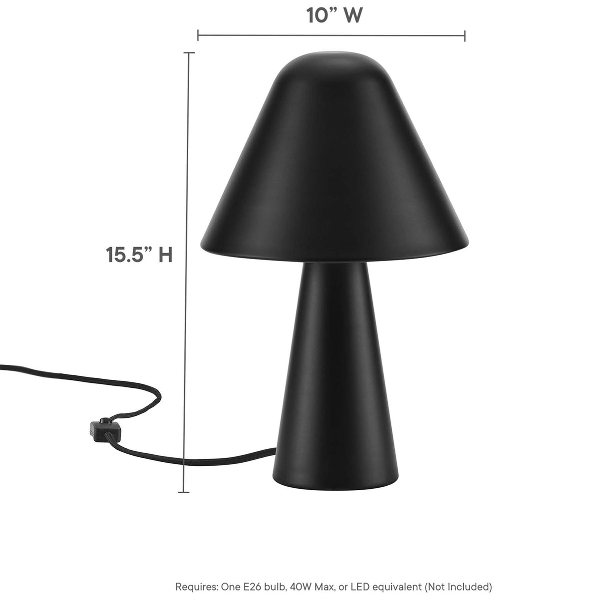 Compact mushroom table lamp measures 10 inches wide by 15.5 inches high for versatile use. || EEI-6529-BLK || dimension_studio
