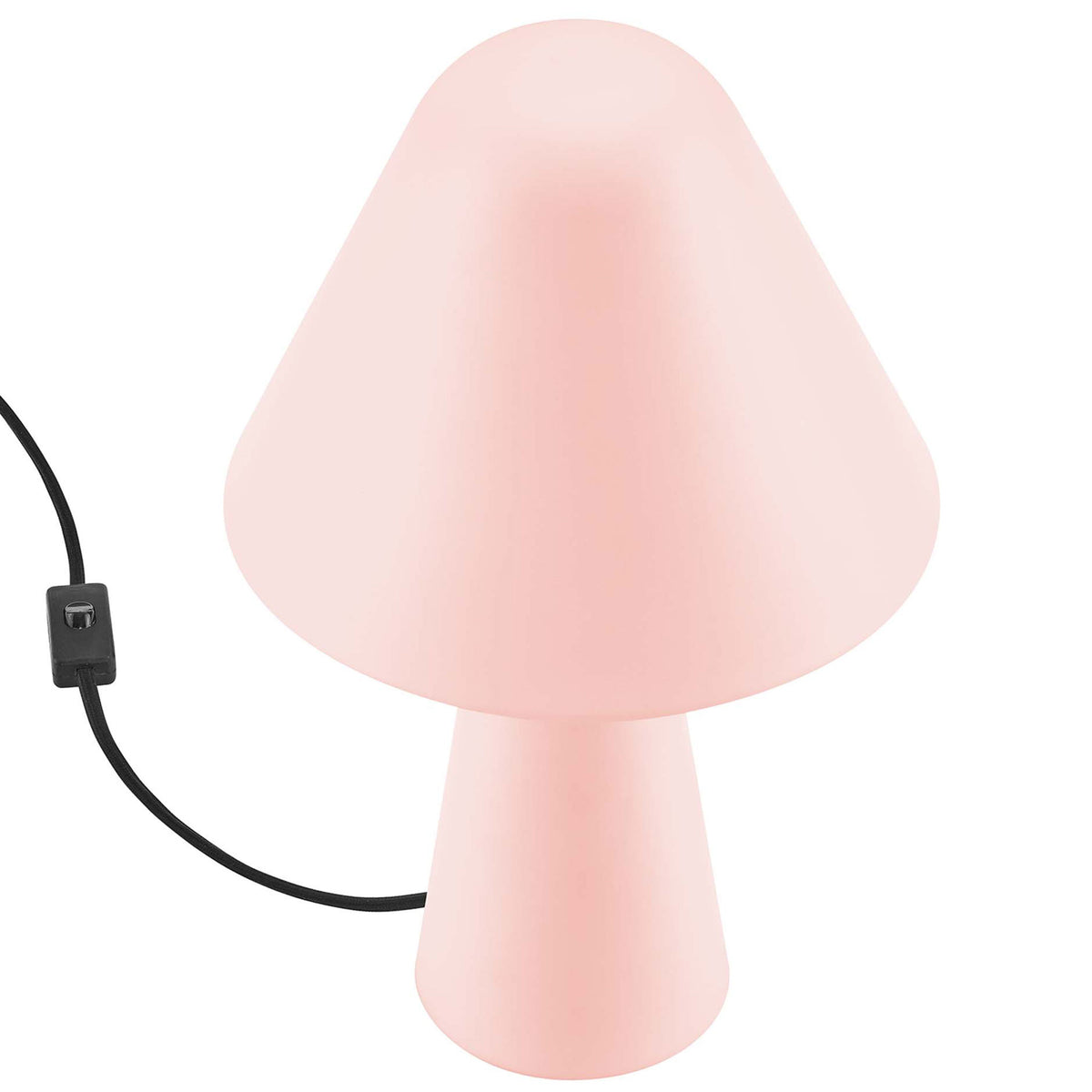 Slender pink metal base and mushroom shade form a sweet, sculptural silhouette table lamp. || EEI-6529-PNK || top_angle_studio