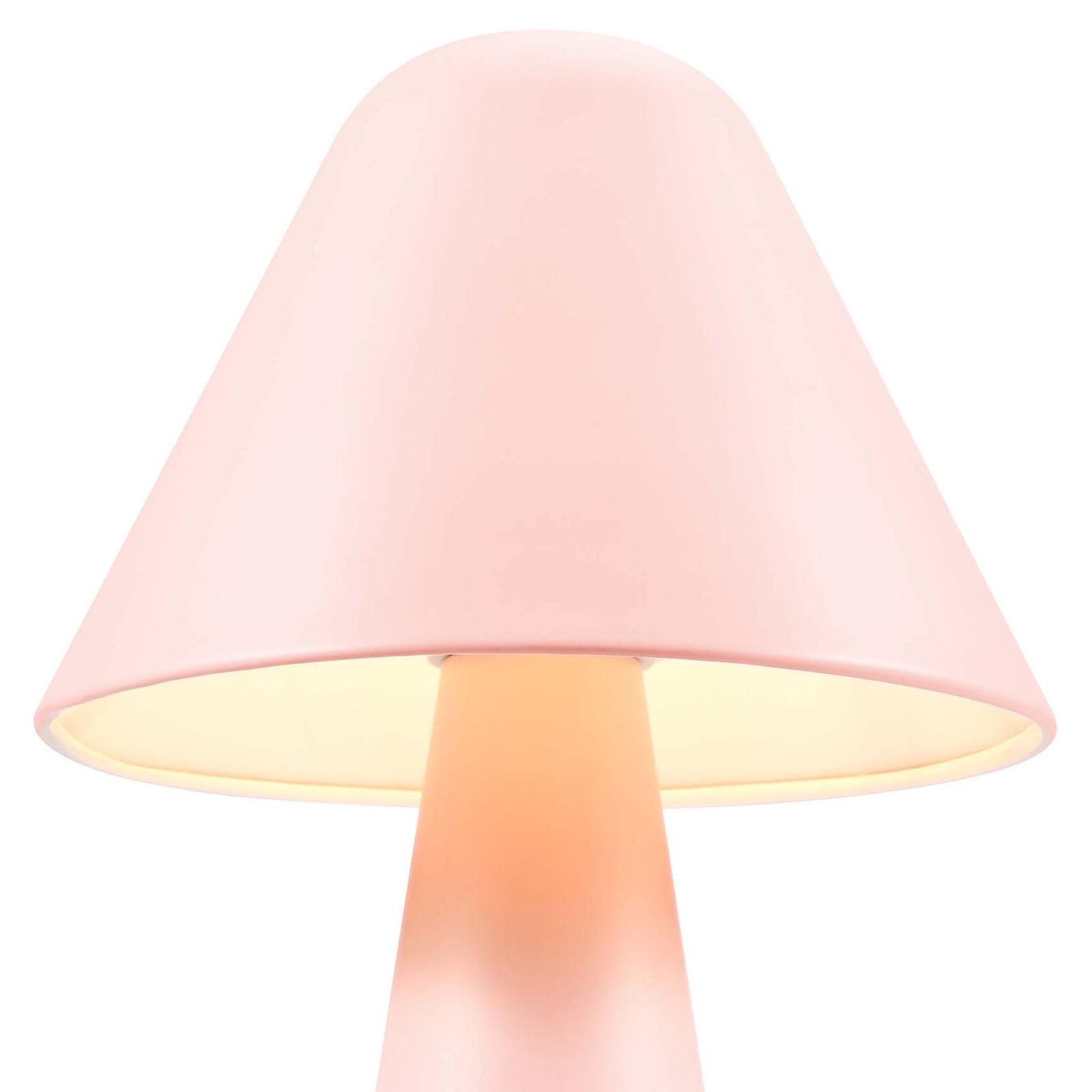 Warm light shines beneath the pink mushroom shade for soft, inviting illumination. || EEI-6529-PNK || shade_on_studio
