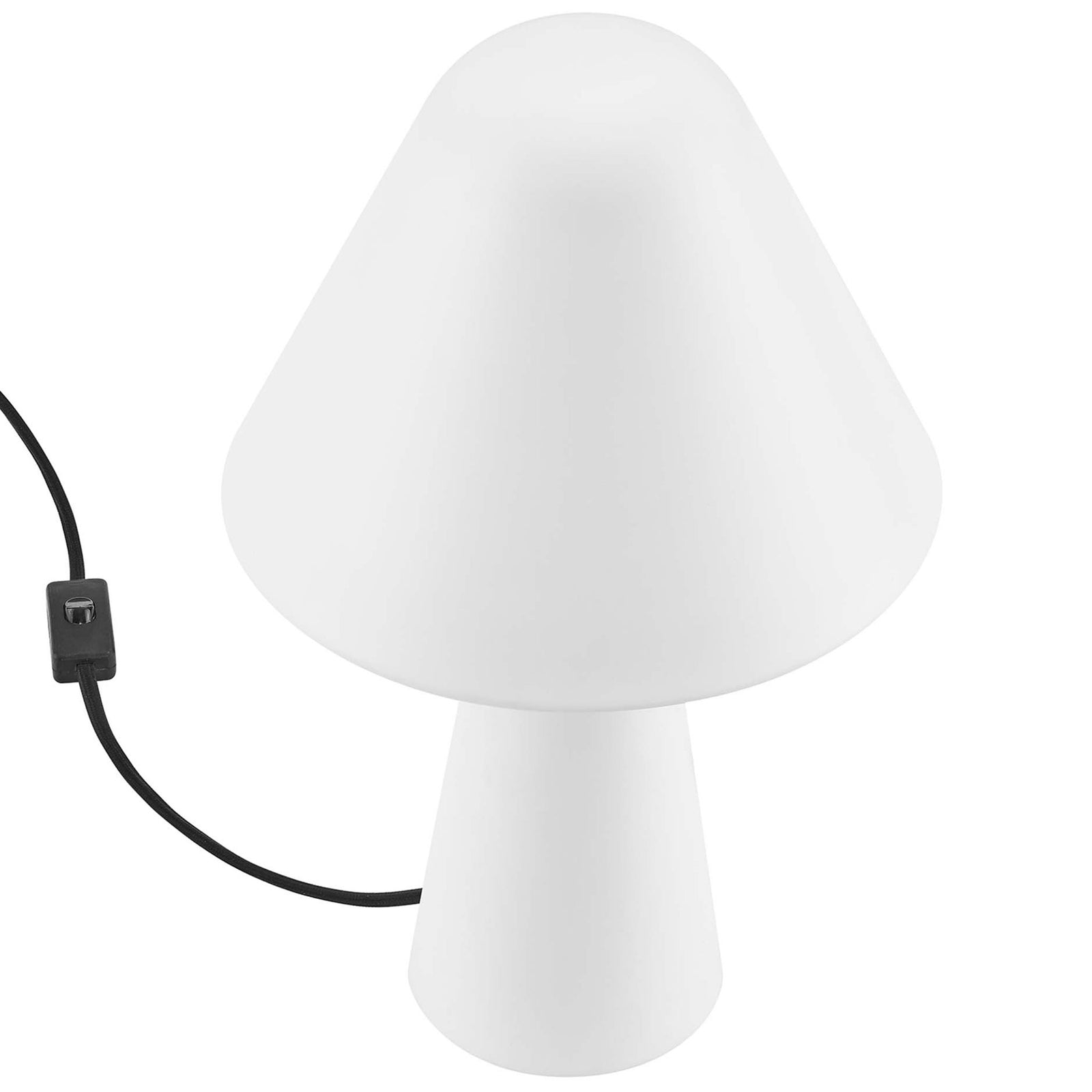 Streamlined white metal base and shade form a clean, sculptural mushroom table lamp. || EEI-6529-WHI || top_angle_studio