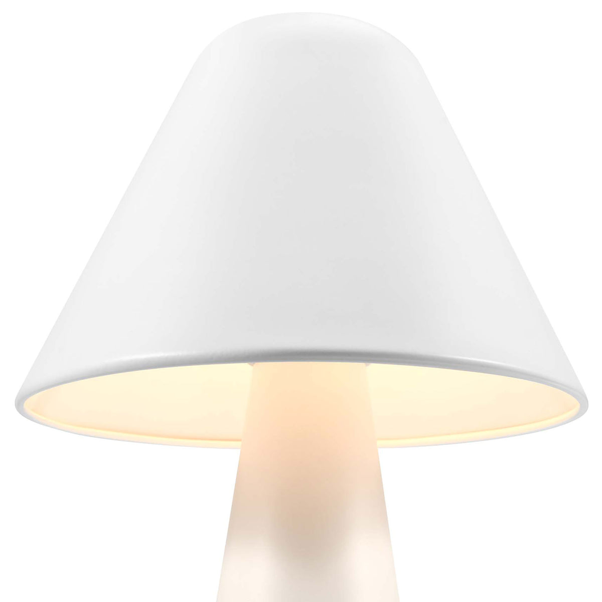 Soft light glows beneath the white mushroom shade to create gentle, even illumination. || EEI-6529-WHI || shade_on_studio