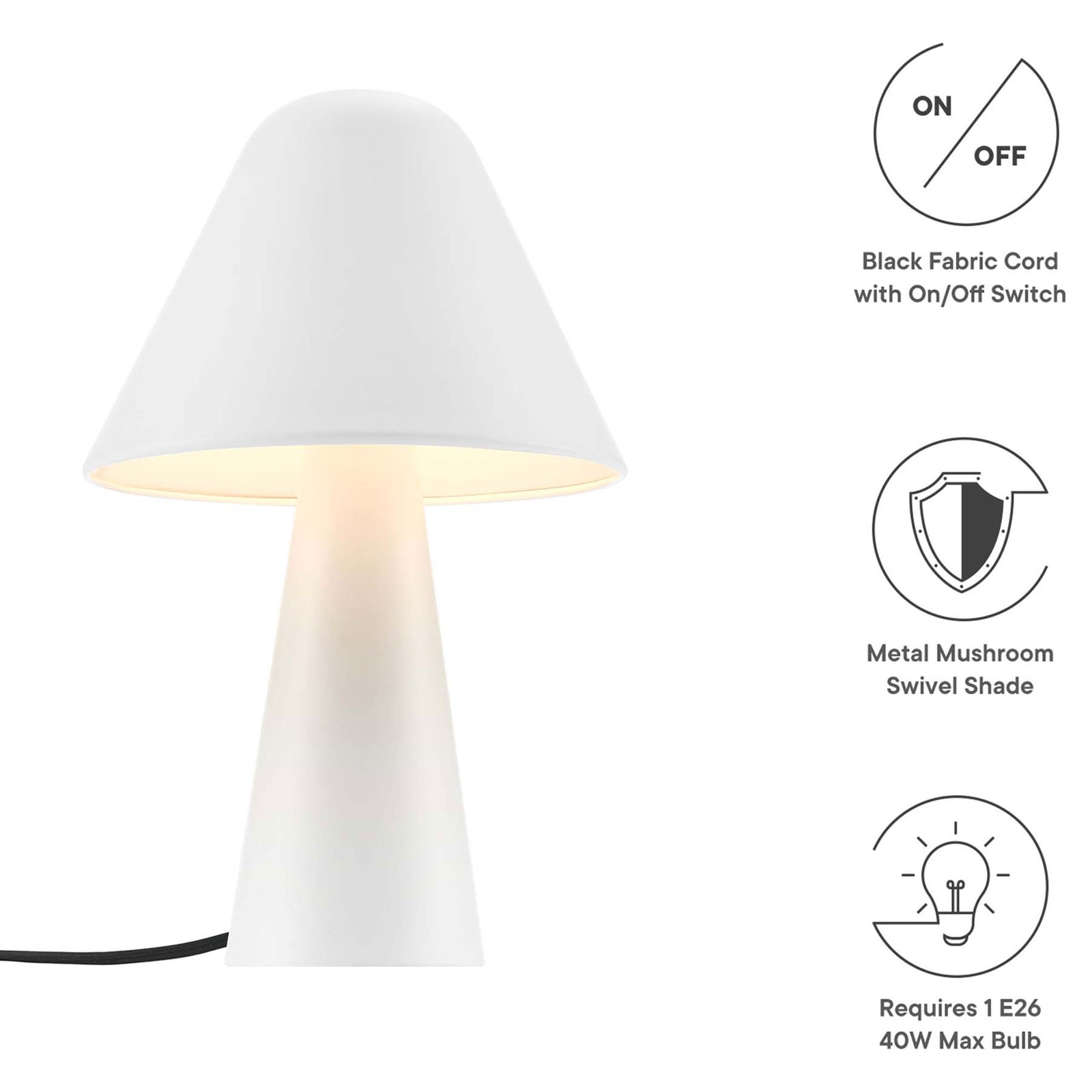 White Jovial mushroom lamp showcases a metal swivel shade, fabric cord, and on or off switch. || EEI-6529-WHI || callout_studio