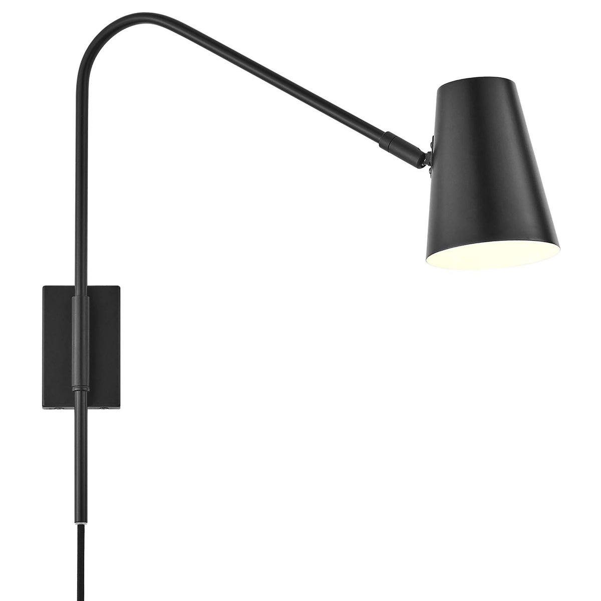 Black metal wall sconce with long swivel arm and cone shade for focused task and reading light || EEI-6532-BLK || front_on_studio