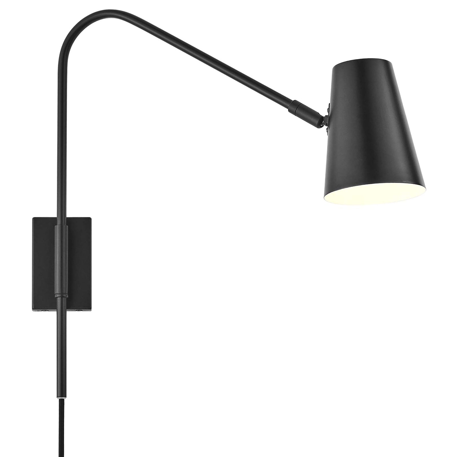 Black metal wall sconce with long swivel arm and cone shade for focused task and reading light || EEI-6532-BLK || front_on_studio