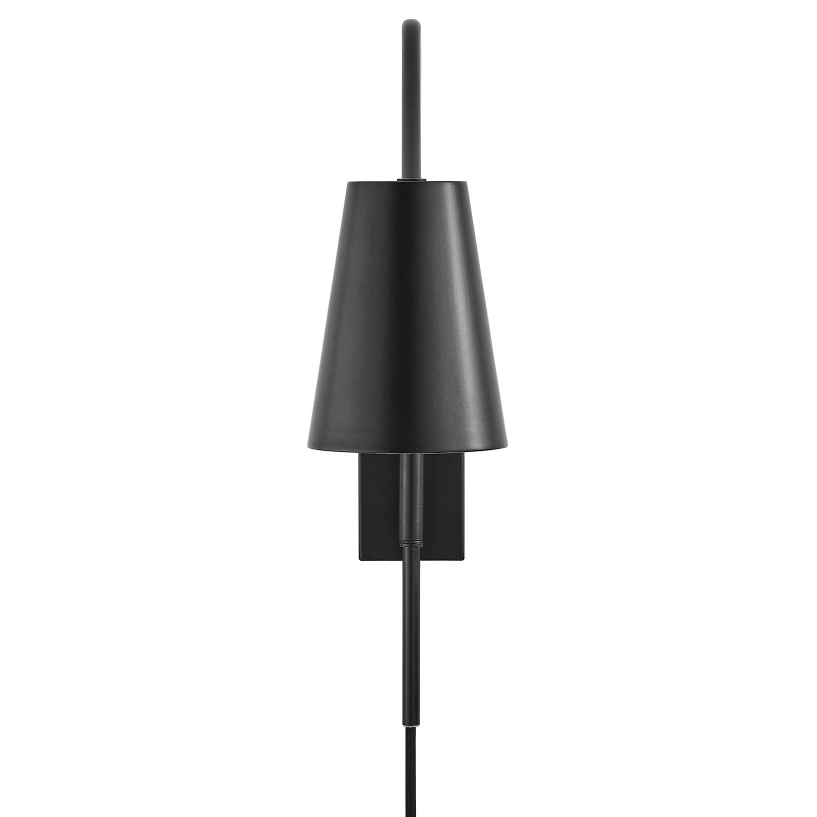 Minimalist black metal wall sconce with tapered shade and clean vertical backplate design || EEI-6532-BLK || front_studio