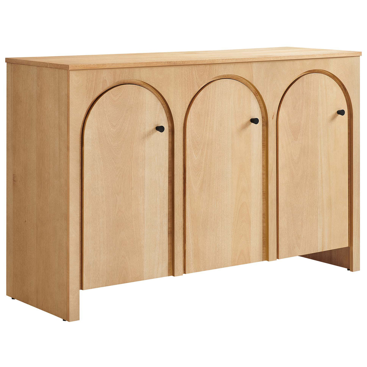 Warm oak 3-door storage cabinet with arched doors and clean lines for a modern mid century inspired look || EEI-6536-OAK || front_angle_studio