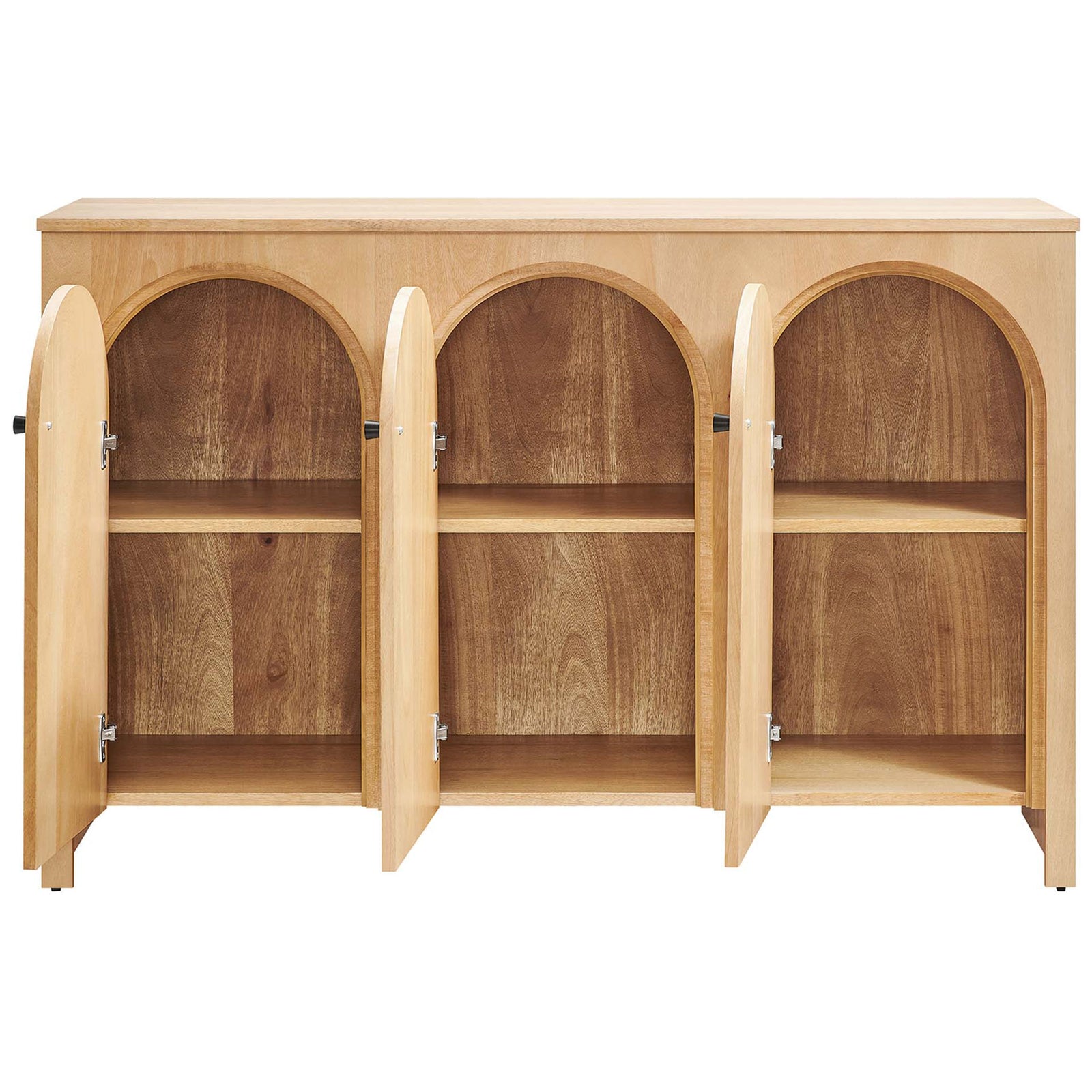 Oak sideboard with all three arched doors open to reveal spacious adjustable shelving for organized storage || EEI-6536-OAK || front_open_studio