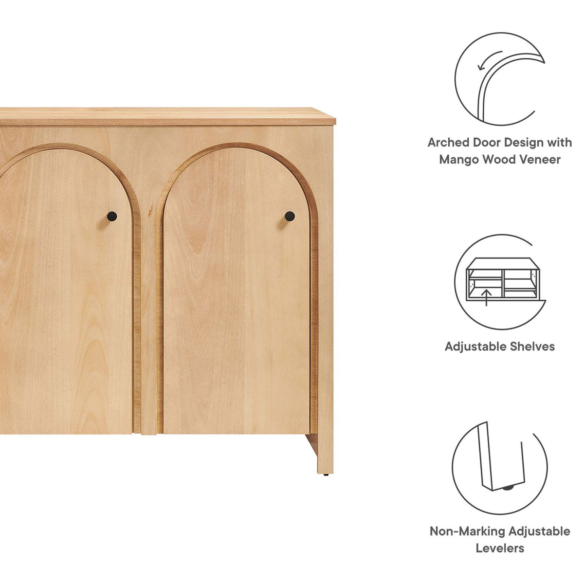 Feature highlights of the Appia 3-door cabinet including arched doors, adjustable shelves, and non-marking levelers || EEI-6536-OAK || callout_studio