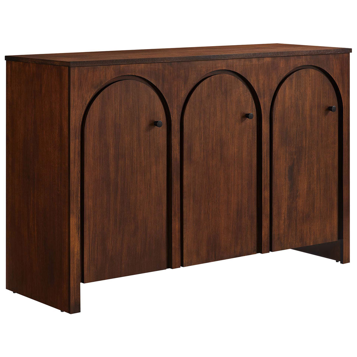 Warm walnut Appia cabinet showcasing its rich wood grain and arched three-door design on slim legs. || EEI-6536-WAL || front_angle_studio