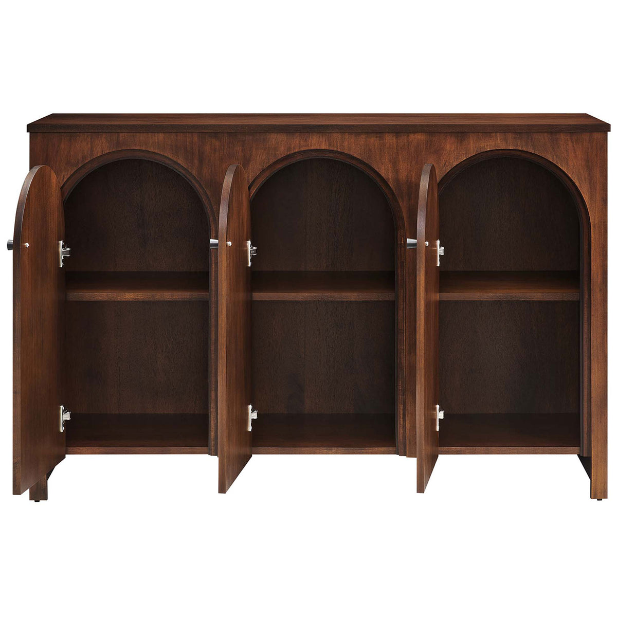 Appia sideboard with all three arched doors open, revealing spacious adjustable interior shelving. || EEI-6536-WAL || front_open_studio