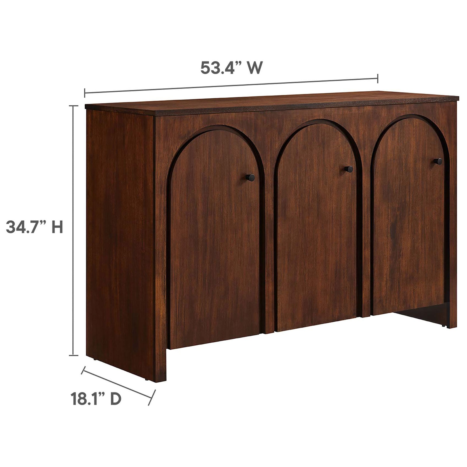 Dimension diagram of the Appia three-door sideboard showing overall height, width, and depth measurements. || EEI-6536-WAL || dimension_studio
