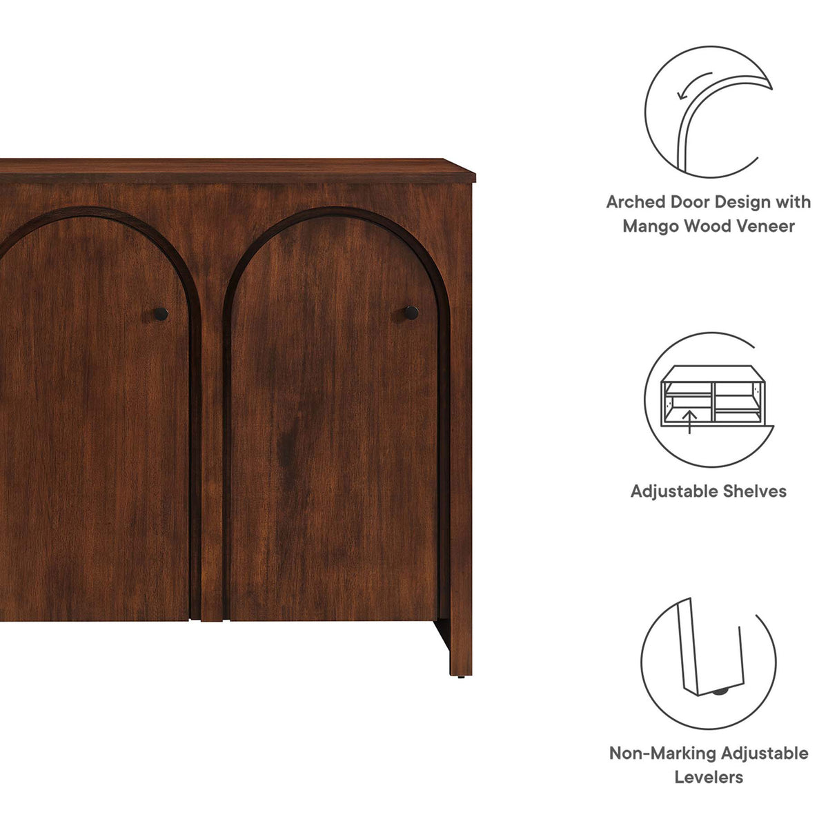 Feature graphic highlighting the Appia sideboard's arched doors, adjustable shelves, and adjustable levelers. || EEI-6536-WAL || callout_studio