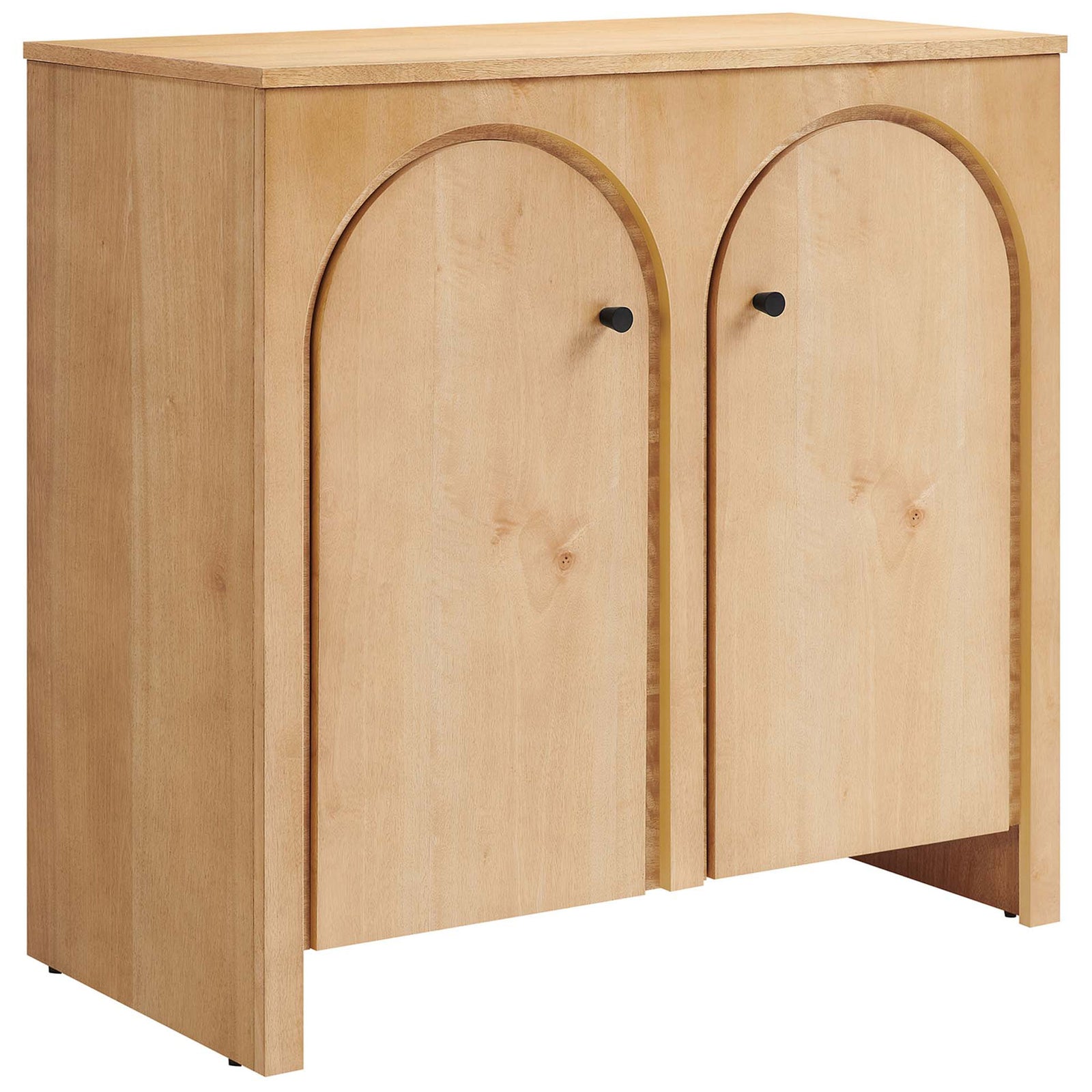 Oak cabinet highlights warm wood grain and arched panel doors for soft style || EEI-6537-OAK || front_angle_studio