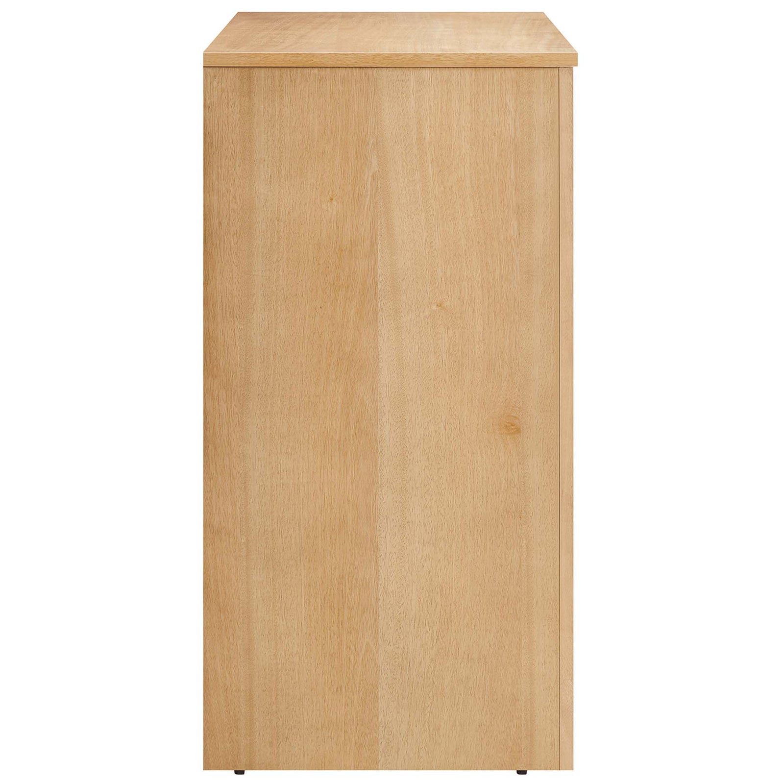 Slim side view of the oak cabinet emphasizes its compact, sturdy profile || EEI-6537-OAK || side_studio