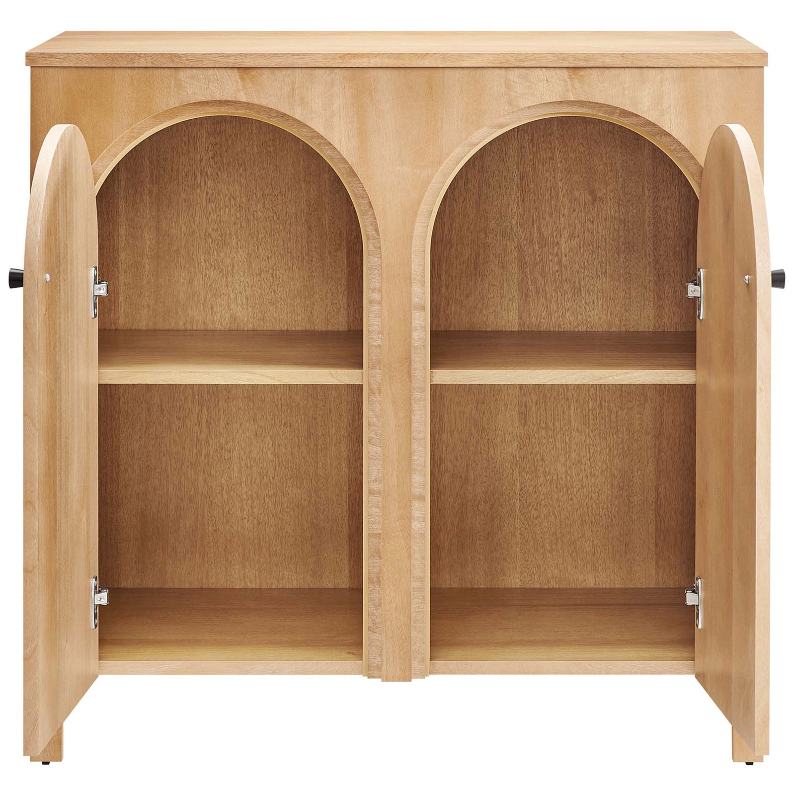 Open oak cabinet shows roomy shelves for dishes, linens, and everyday items || EEI-6537-OAK || front_open_studio