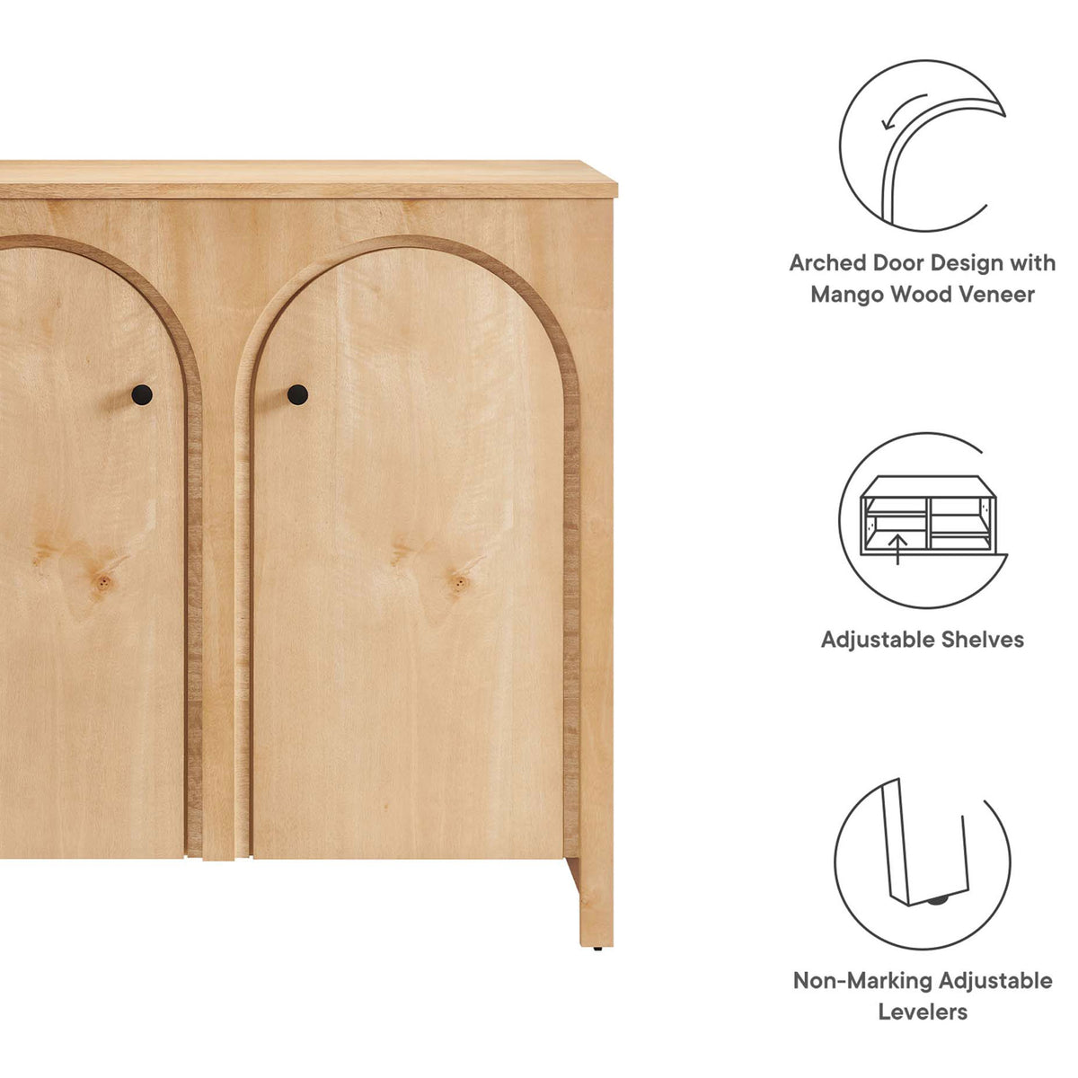 Key features include arched doors, adjustable shelves, and floor-safe levelers || EEI-6537-OAK || callout_studio