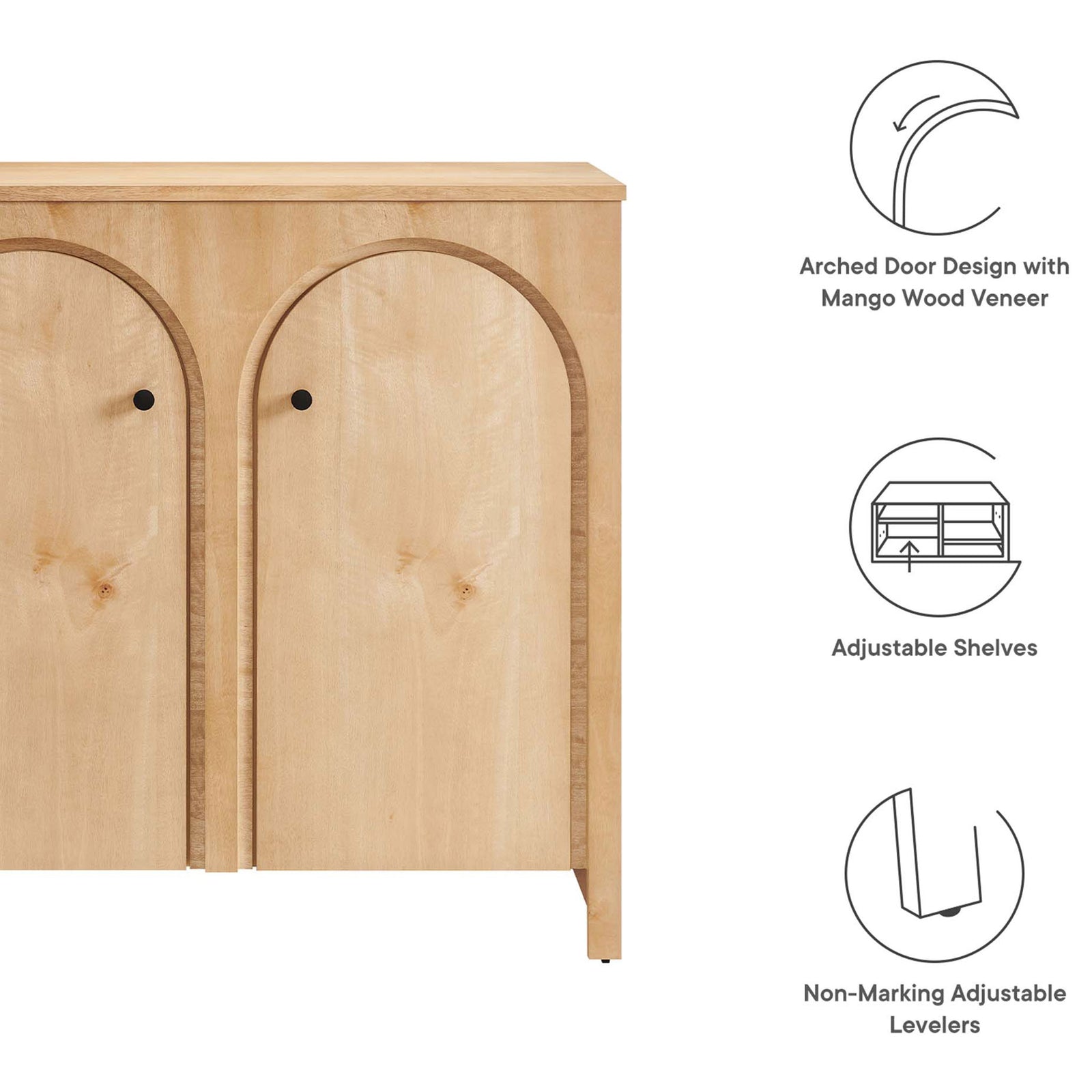 Key features include arched doors, adjustable shelves, and floor-safe levelers || EEI-6537-OAK || callout_studio