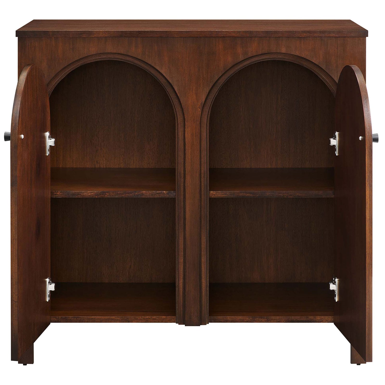 Open walnut cabinet reveals adjustable shelves for barware, serveware, or decor || EEI-6537-WAL || front_open_studio