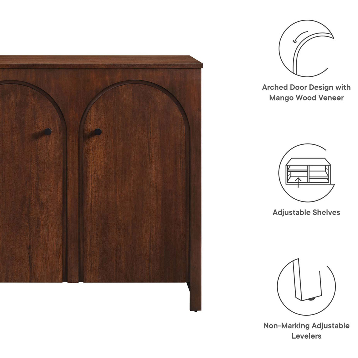 Key features include arched doors, adjustable shelves, and non-marking levelers || EEI-6537-WAL || callout_studio