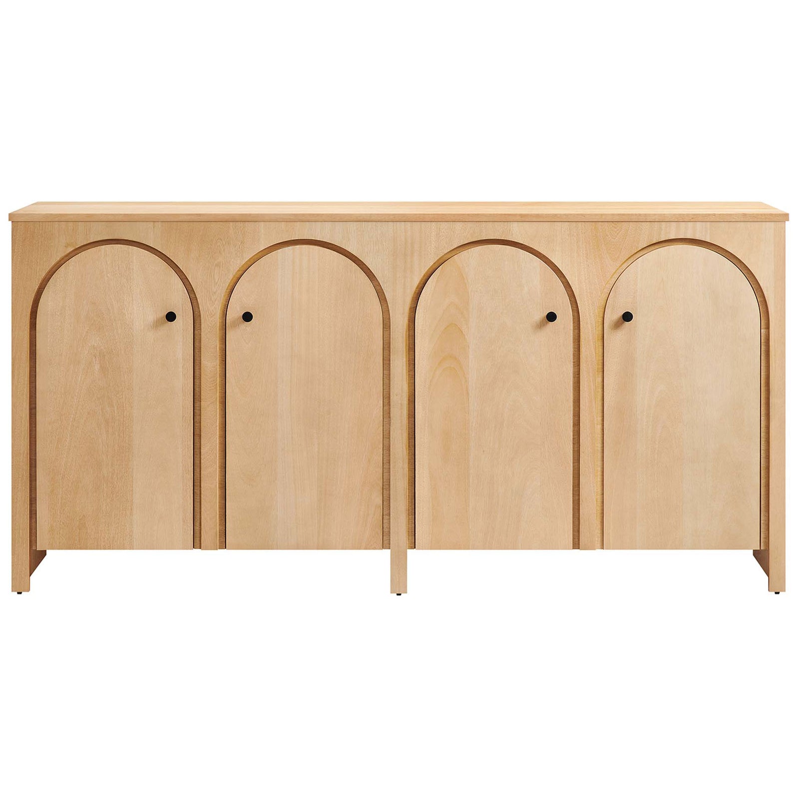 Oak 4-door sideboard with arched doors and black knobs bringing warm mid-century style to your space || EEI-6538-OAK || front_studio
