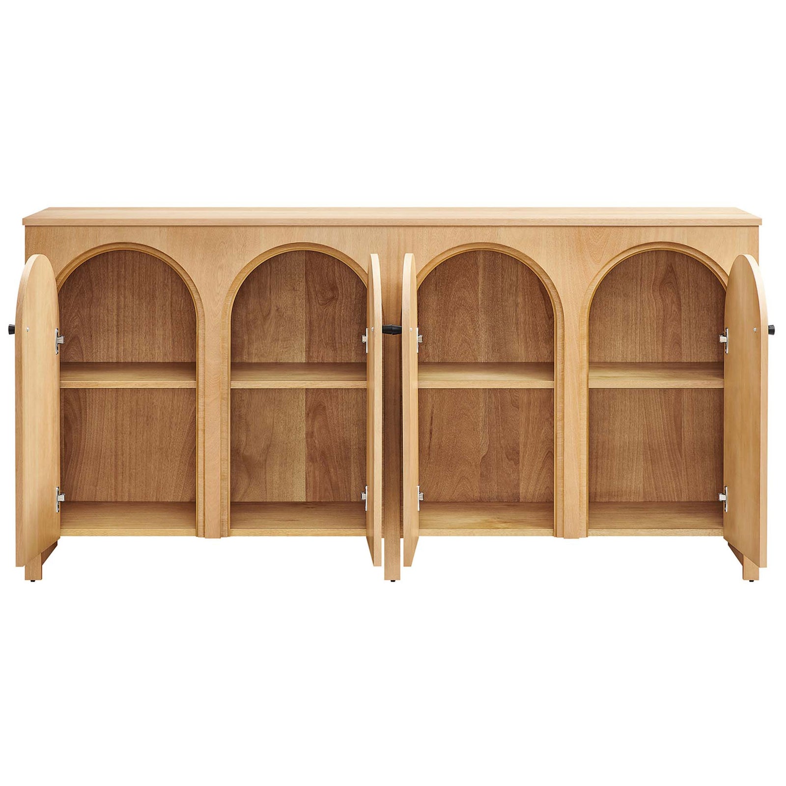 Four arched doors open to reveal adjustable shelving for dinnerware, linens, and living room essentials || EEI-6538-OAK || front_open_studio