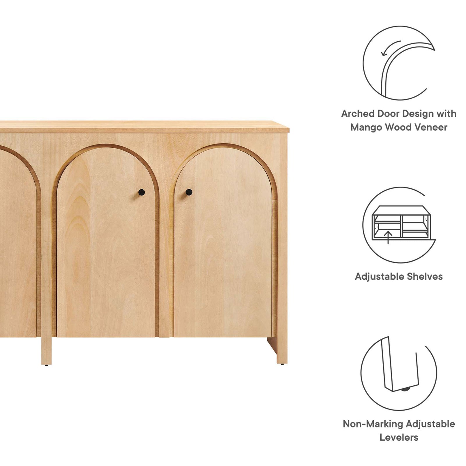 Feature graphic highlighting arched door design, adjustable shelves, and non-marking adjustable levelers || EEI-6538-OAK || callout_studio