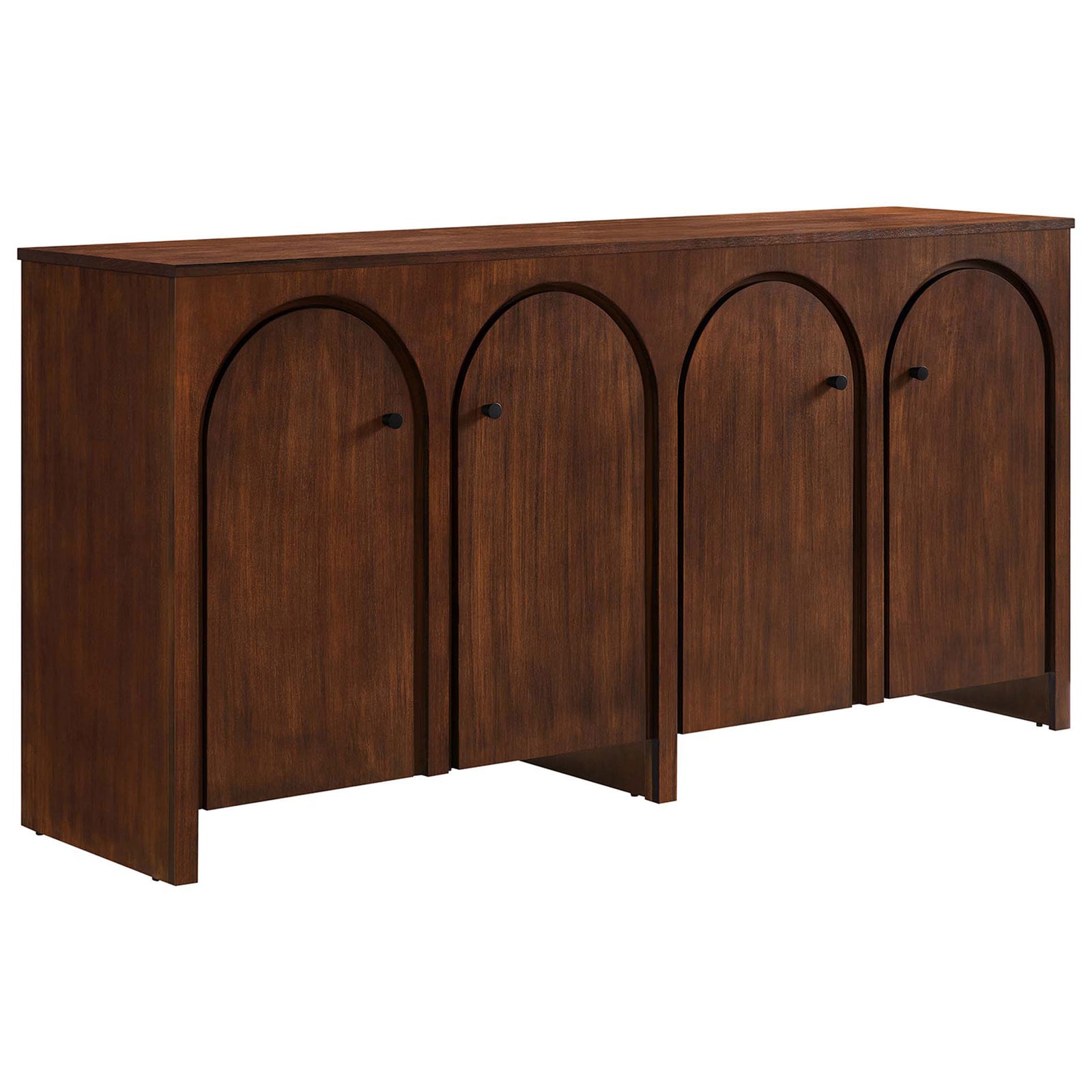 Walnut 4-door sideboard with arched doors and sleek black pulls for warm, modern storage || EEI-6538-WAL || front_angle_studio