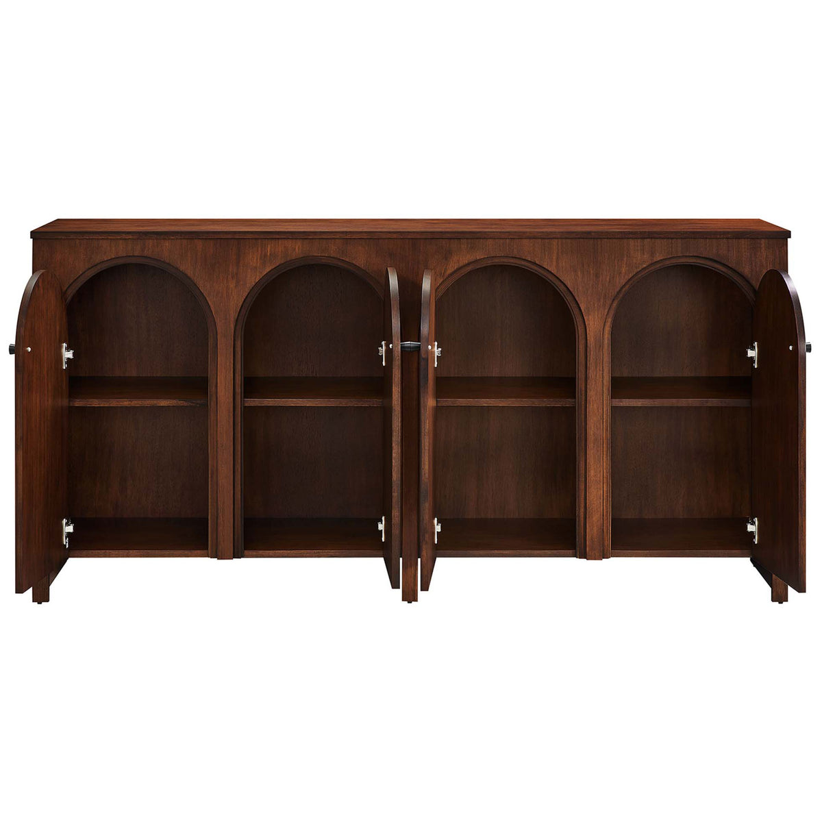 Spacious walnut cabinet with four arched doors open to reveal adjustable shelving for organized storage || EEI-6538-WAL || front_open_studio