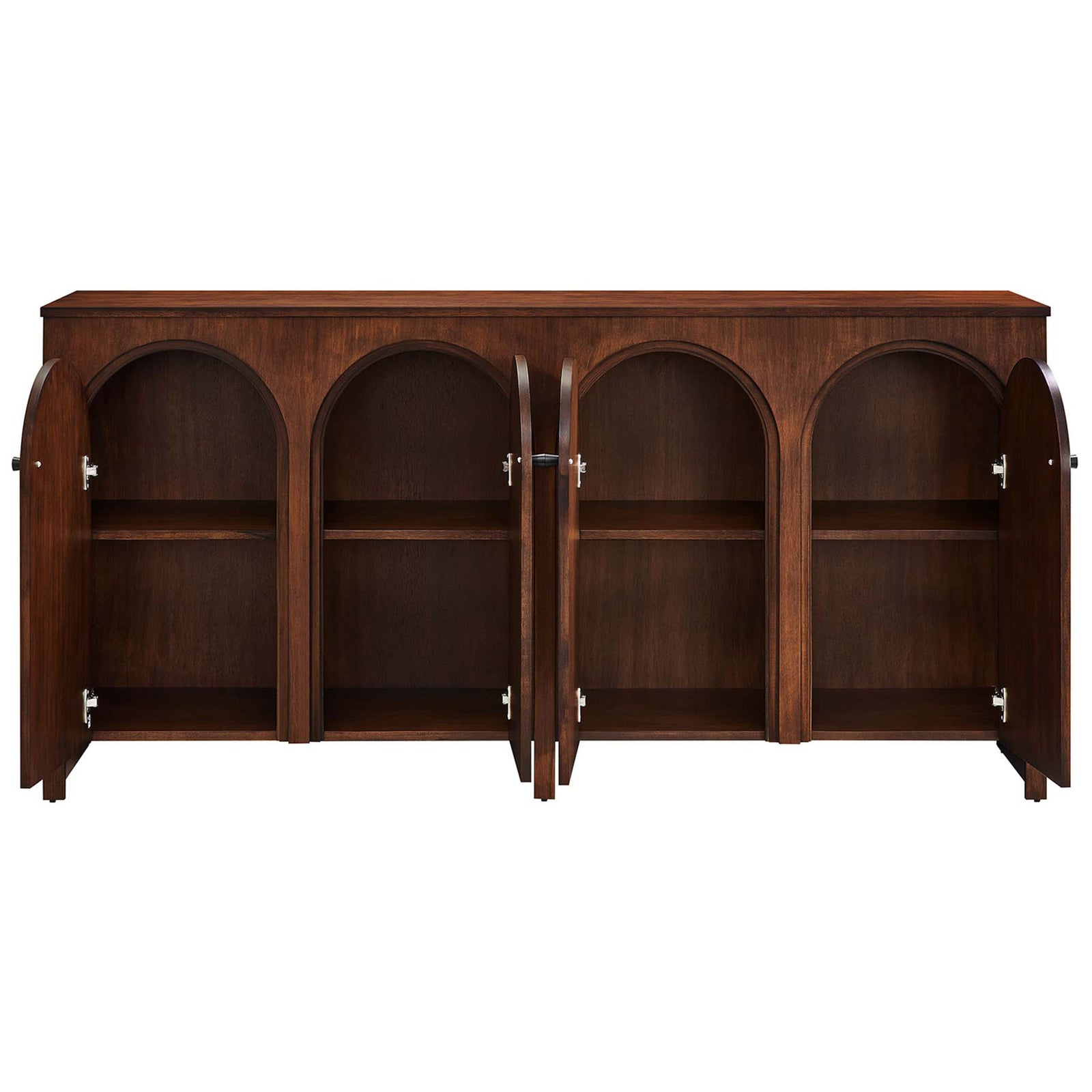 Spacious walnut cabinet with four arched doors open to reveal adjustable shelving for organized storage || EEI-6538-WAL || front_open_studio