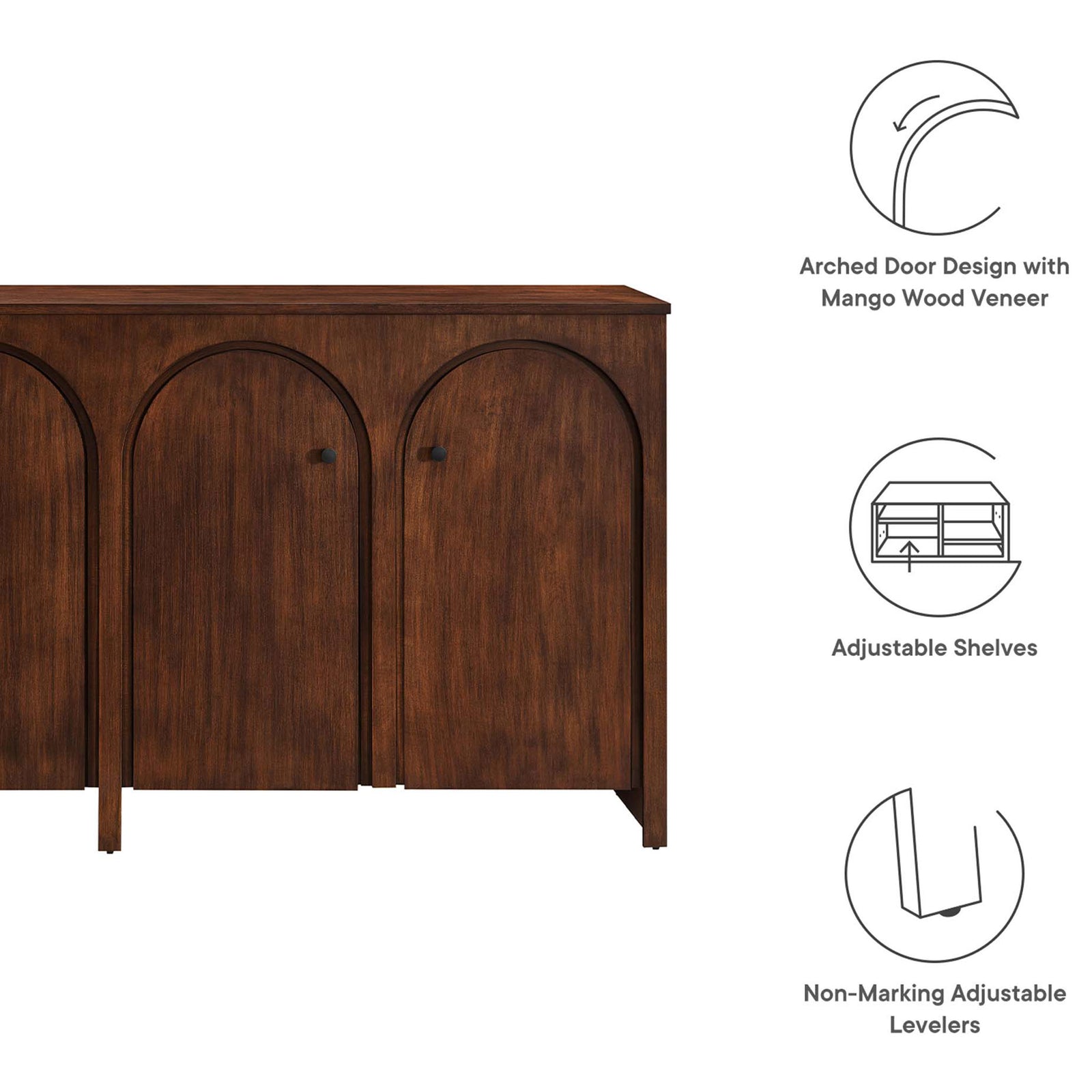 Feature overview of the Appia walnut sideboard highlighting arched doors, adjustable shelves, and levelers || EEI-6538-WAL || callout_studio