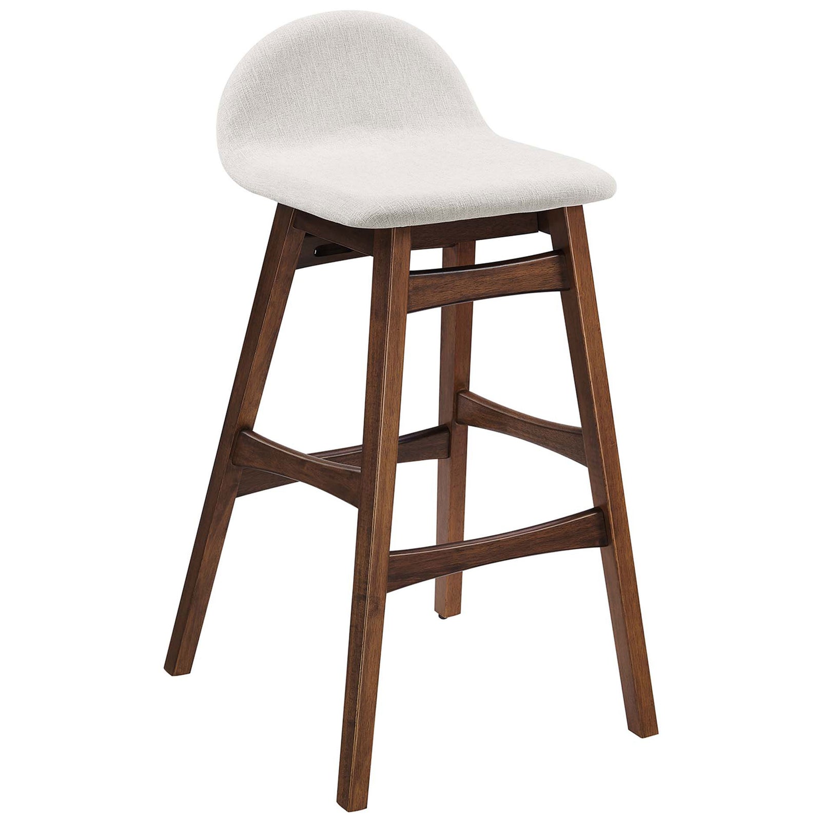 Mid-century bar stool in heathered ivory with splayed rubberwood legs and footrests || EEI-6553-HEI || front_angle_studio