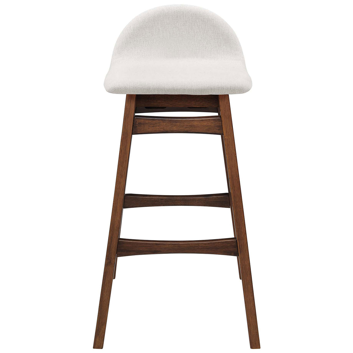 Ivory upholstered bar stool with curved low back and walnut-finish base with footrest || EEI-6553-HEI || front_studio