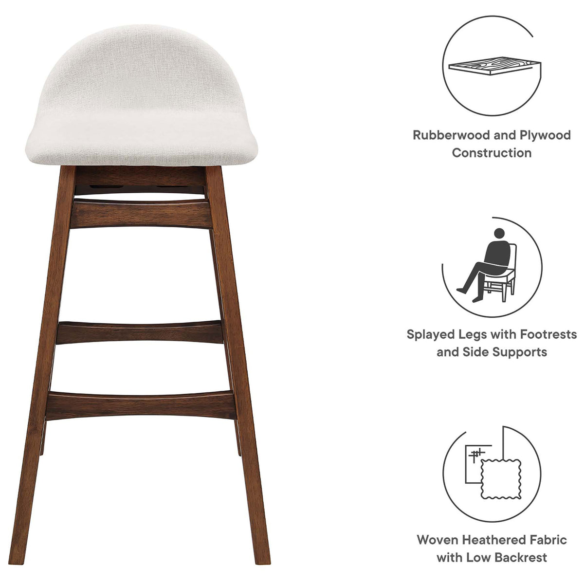 Feature callouts: rubberwood frame, splayed legs, and supportive low backrest || EEI-6553-HEI || callout_studio