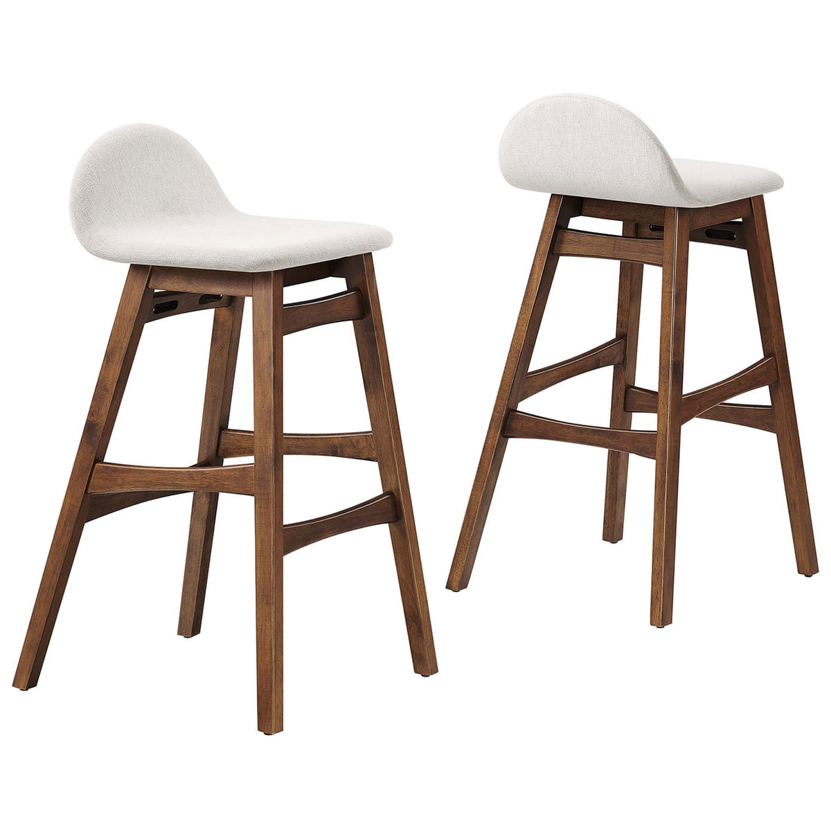 Set of two bar stools in ivory fabric with elegant splayed legs || EEI-6553-HEI || front_angle_multi_studio
