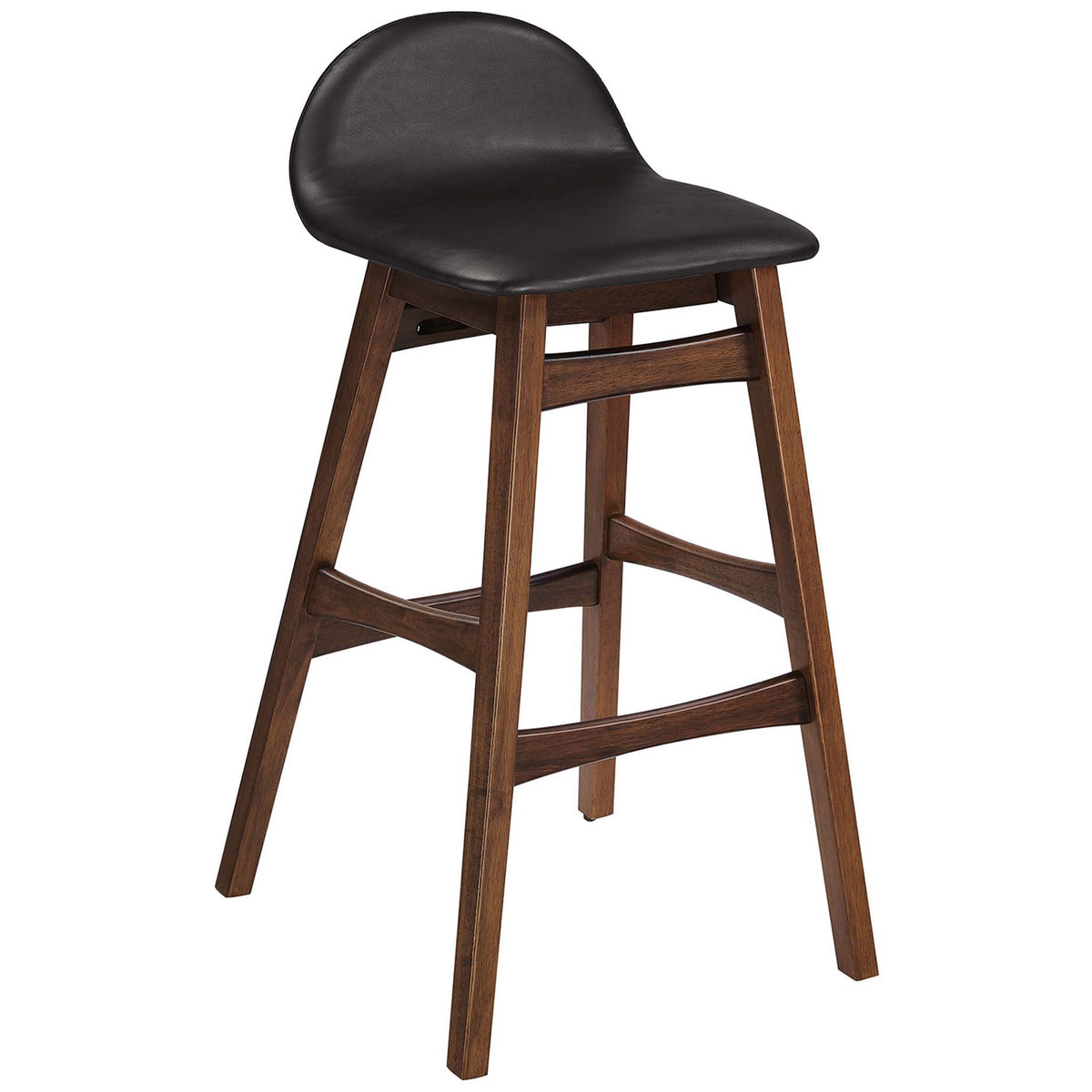 Streamlined bar stool pairs a contoured vegan leather seat with a warm wood frame || EEI-6554-BRN || front_angle_studio